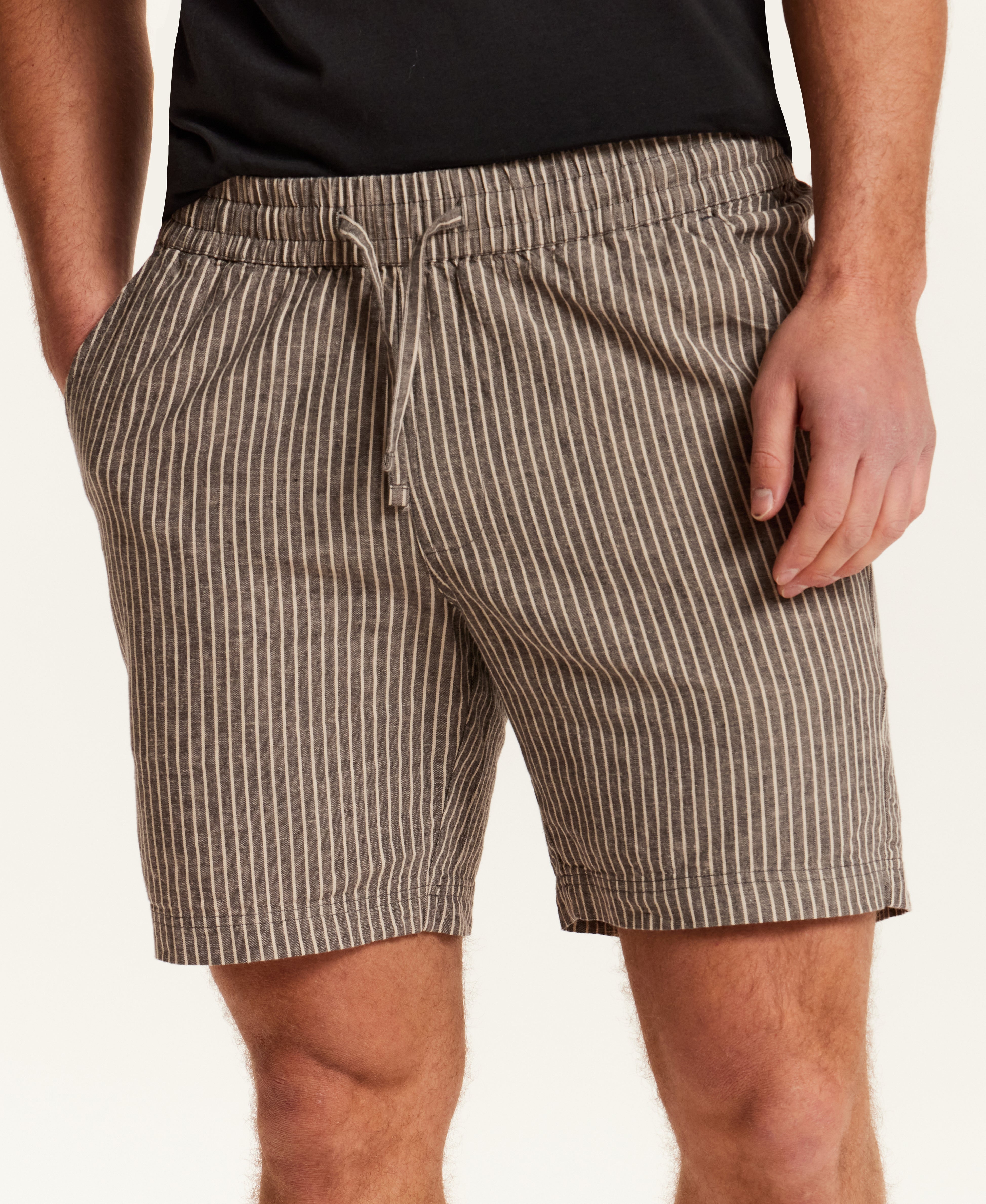 Chambray Stripe Drawstring Short in Black Stripe