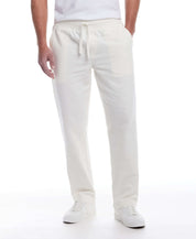 Linen Blend Drawstring Pants in White displayed on model, featuring elastic waist and relaxed fit.