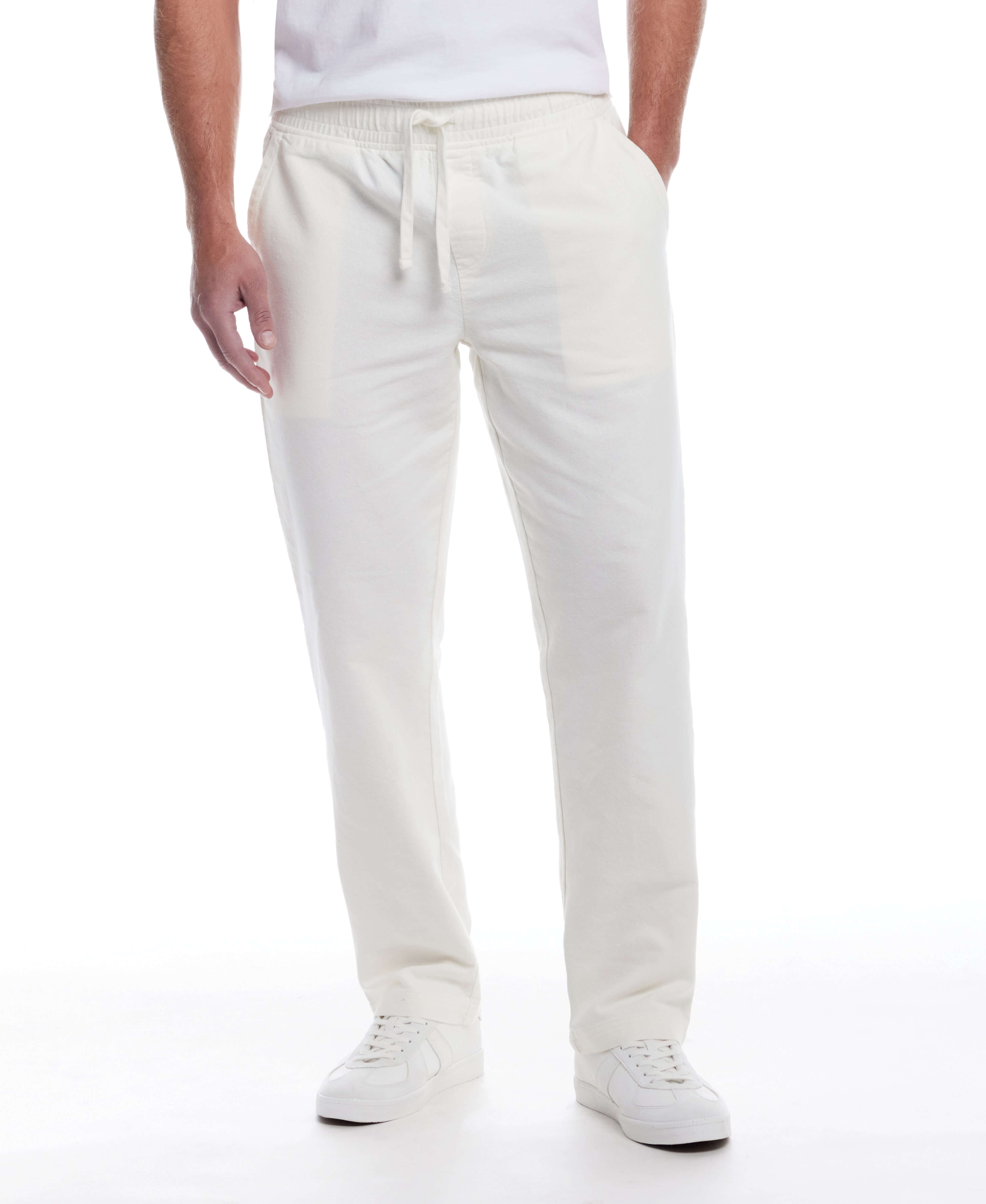 Linen Blend Drawstring Pants in White displayed on model, featuring elastic waist and relaxed fit.