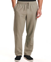 Linen Blend Drawstring Pants in Sea Grass displayed on a model, featuring an elastic waist and relaxed fit.