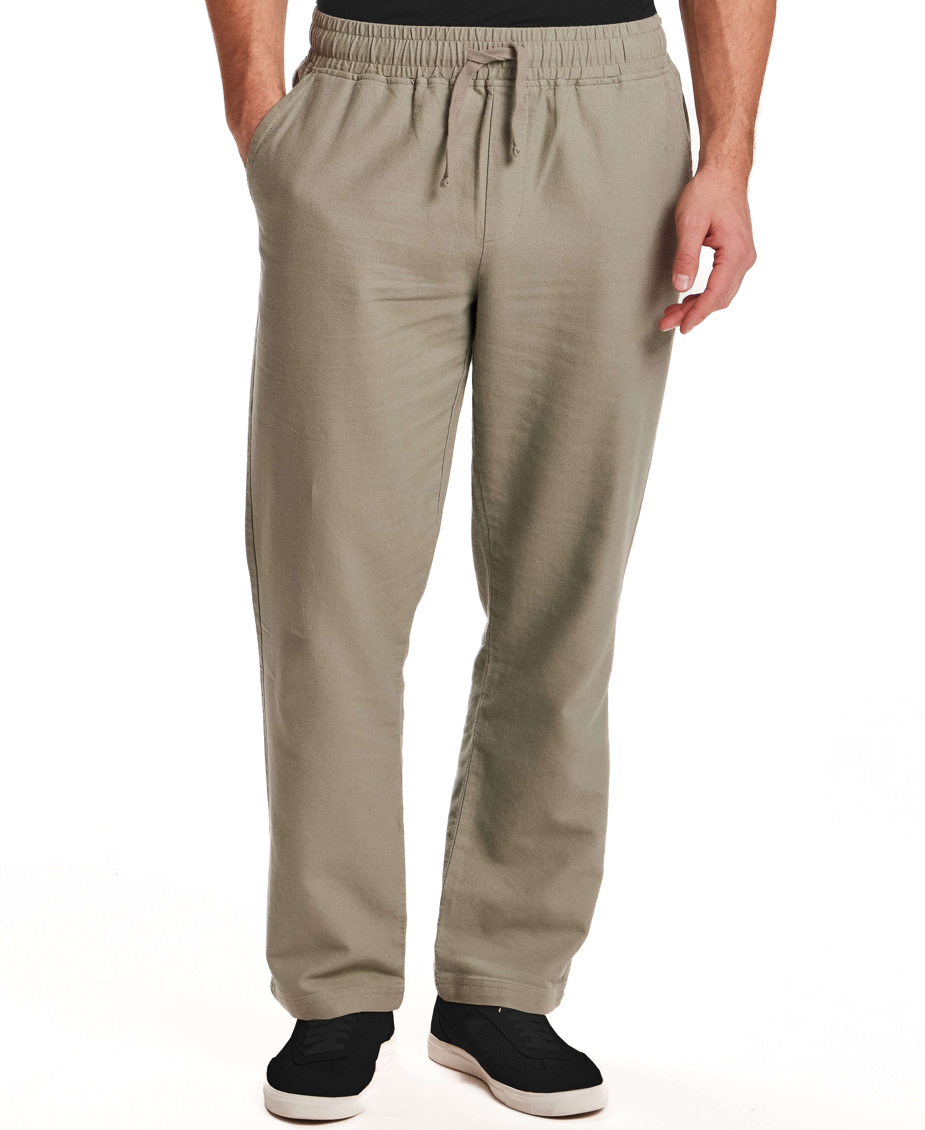 Linen Blend Drawstring Pants in Sea Grass displayed on a model, featuring an elastic waist and relaxed fit.