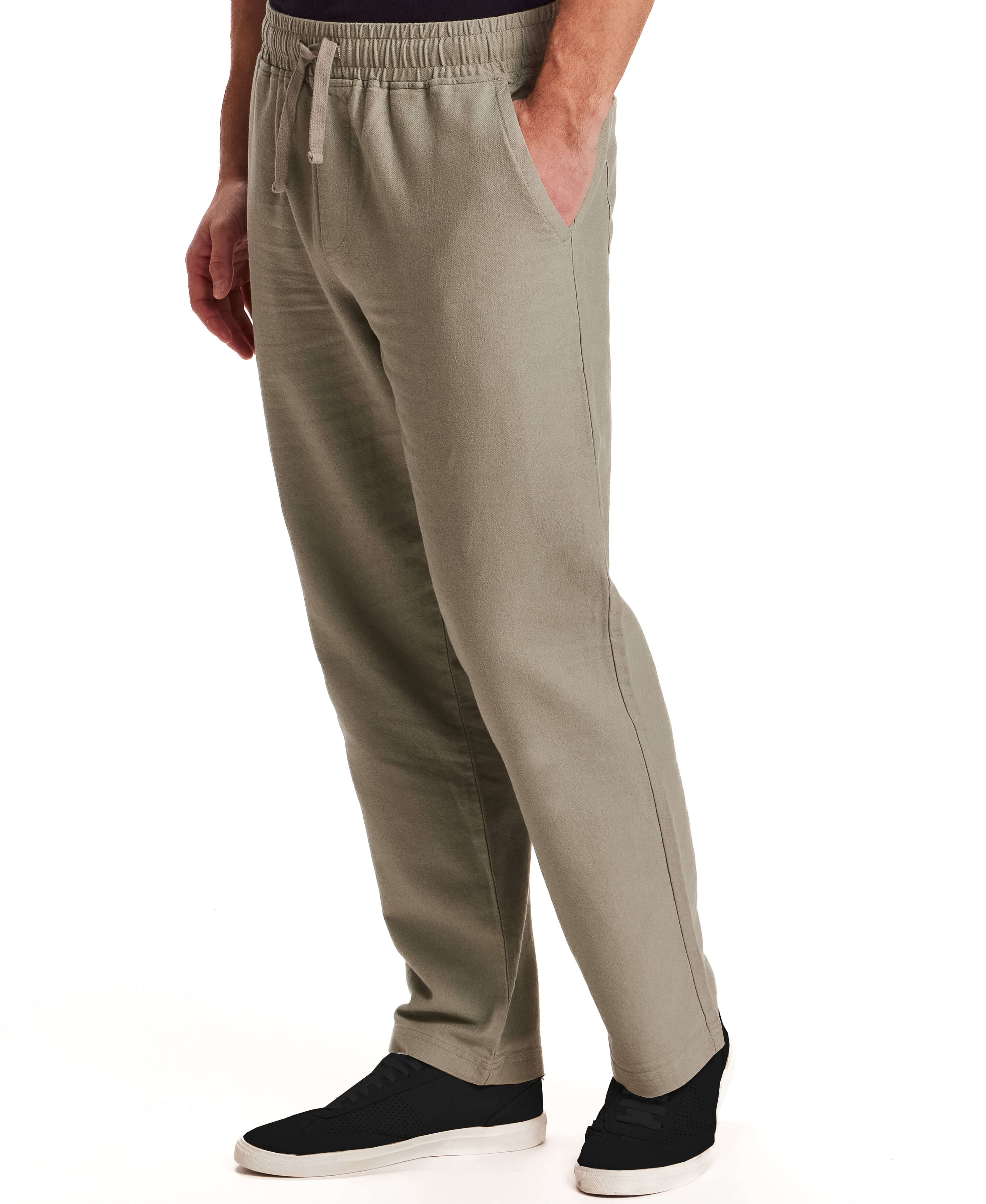Linen Blend Drawstring Pants in Sea Grass worn by model, showcasing relaxed fit and stretch waistband.