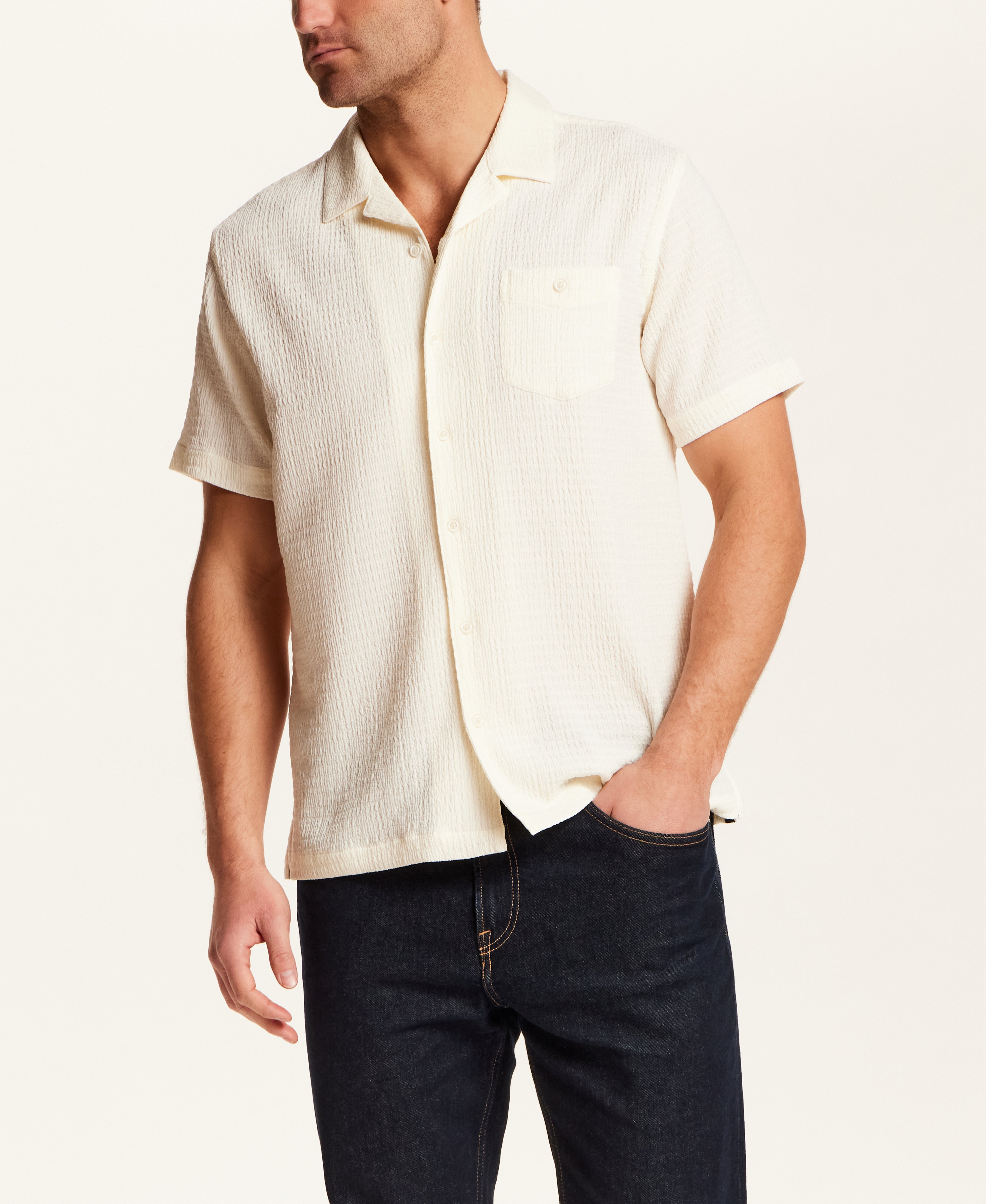 Crinkle Texture Camp Collar Shirt in Cream