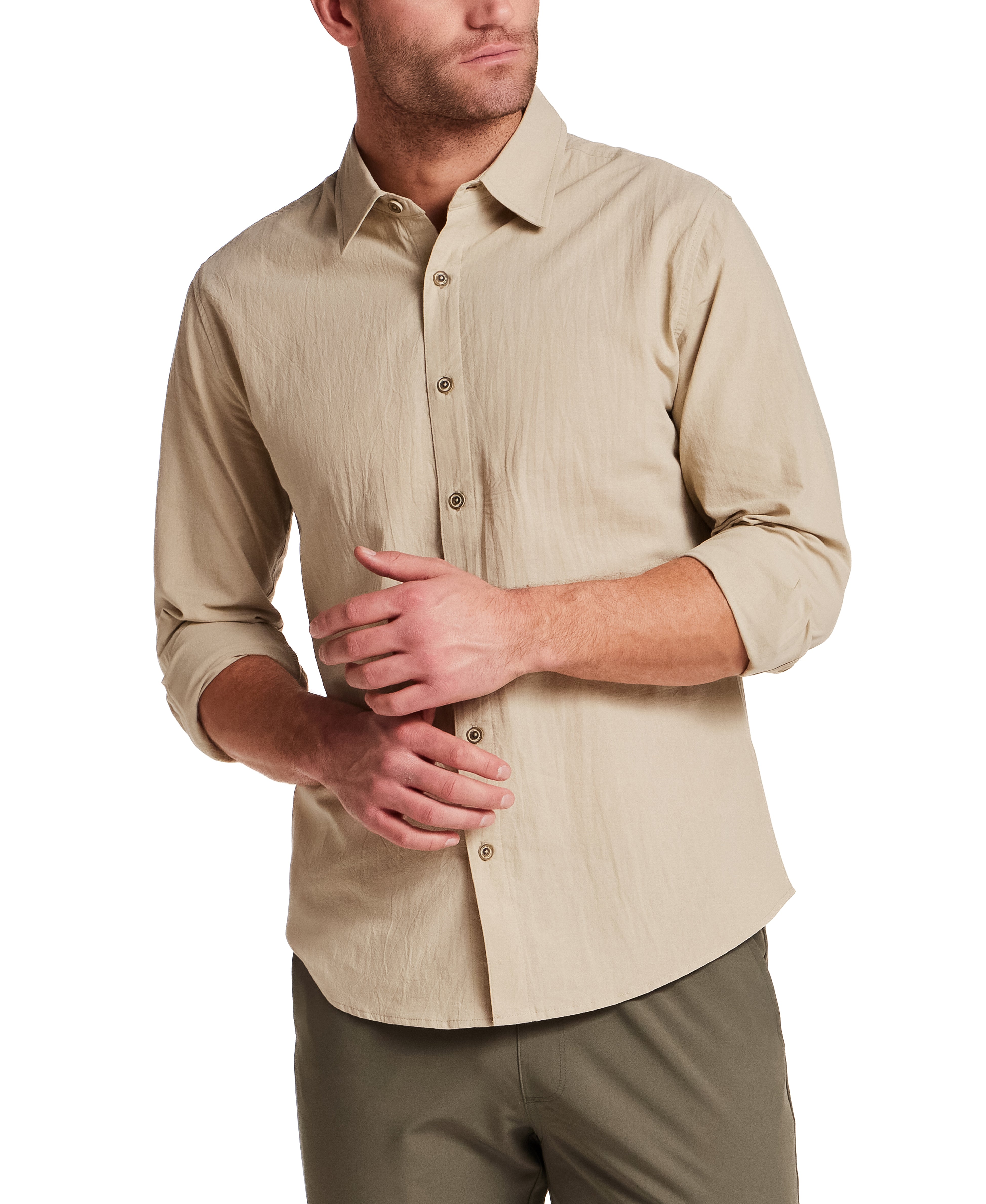 Long Sleeve Cotton Sheeting Shirt in Khaki