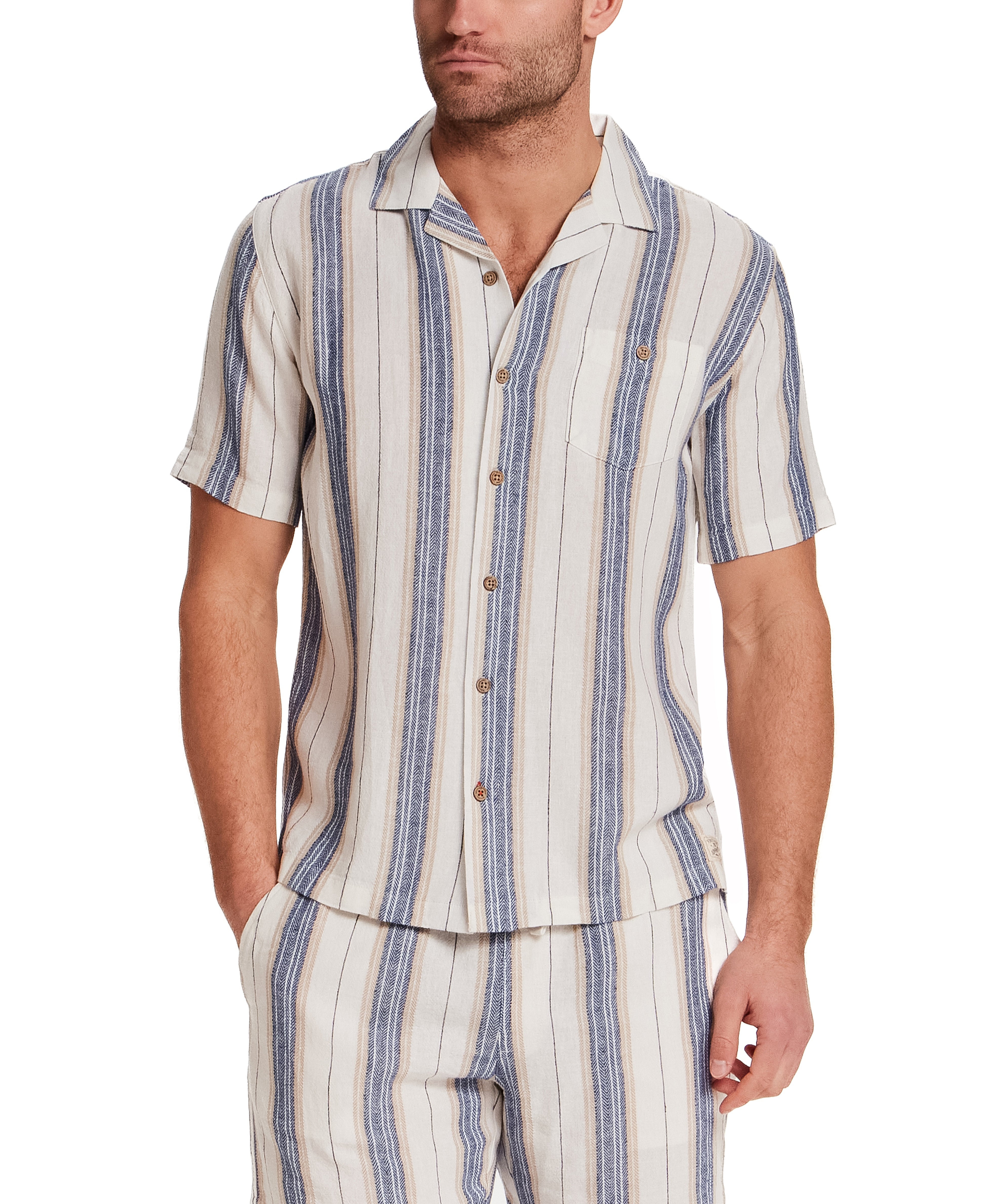 Linen Rayon Stripe Camp Shirt in Blue & White Stripe