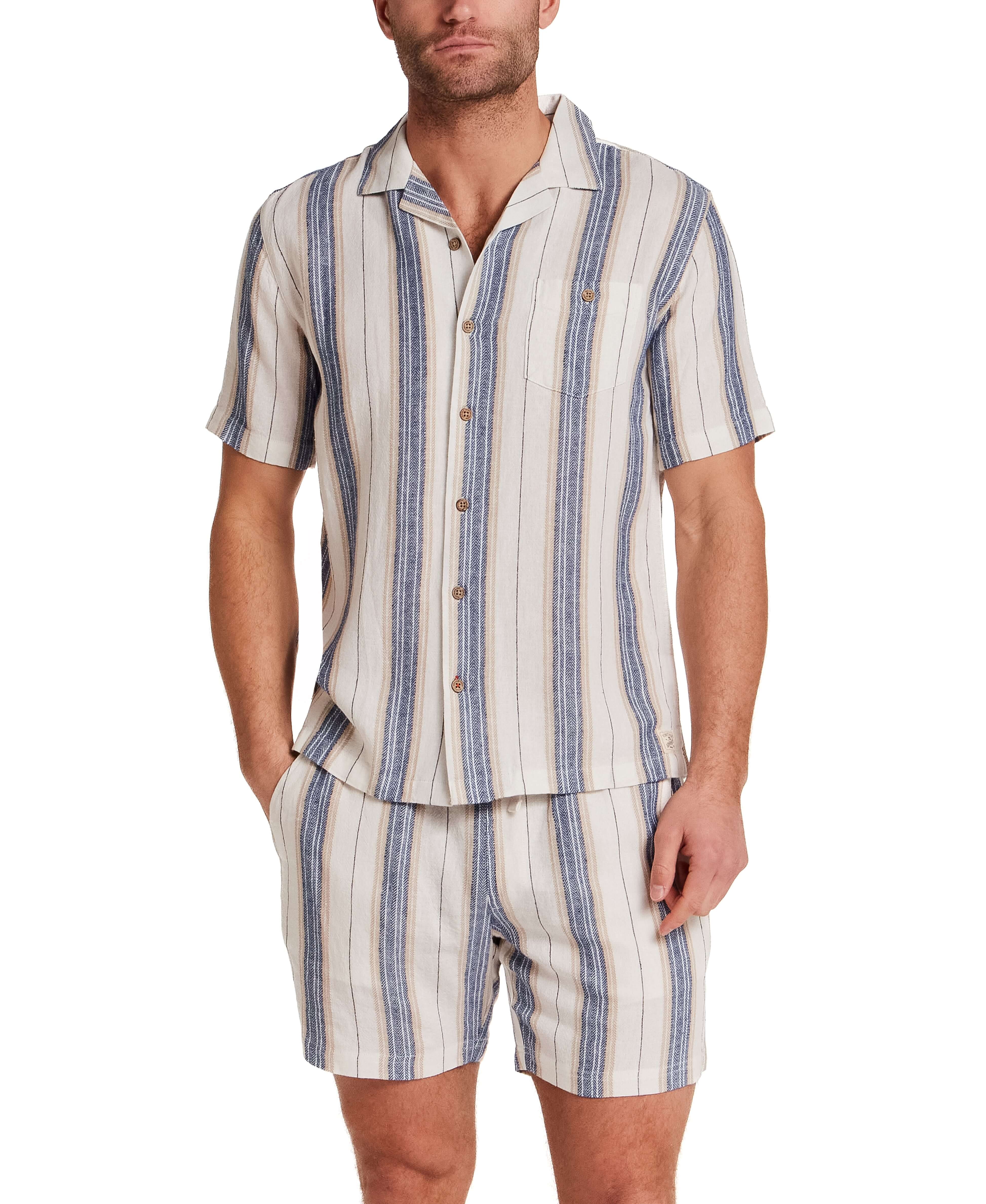 Linen Rayon Stripe Camp Shirt in Blue & White Stripe worn with matching shorts, featuring a vertical stripe pattern.