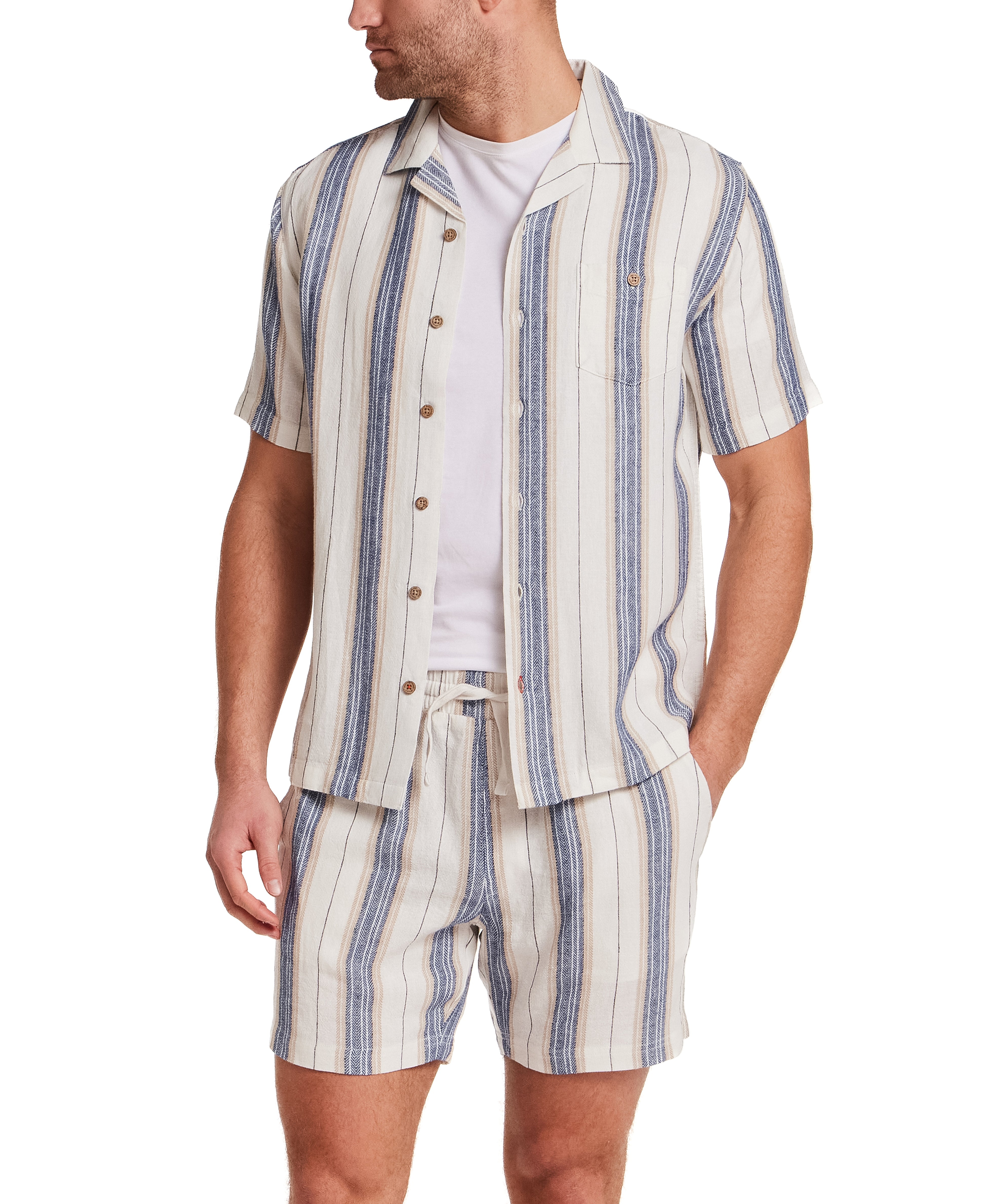 Linen Rayon Stripe Camp Shirt in Blue & White Stripe