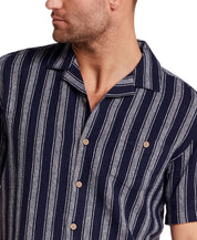 Linen Rayon Stripe Camp Shirt in Navy