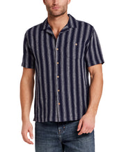 Linen Rayon Stripe Camp Shirt in Navy
