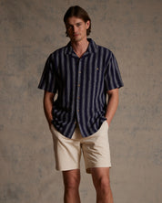 Linen Rayon Stripe Camp Shirt in Navy