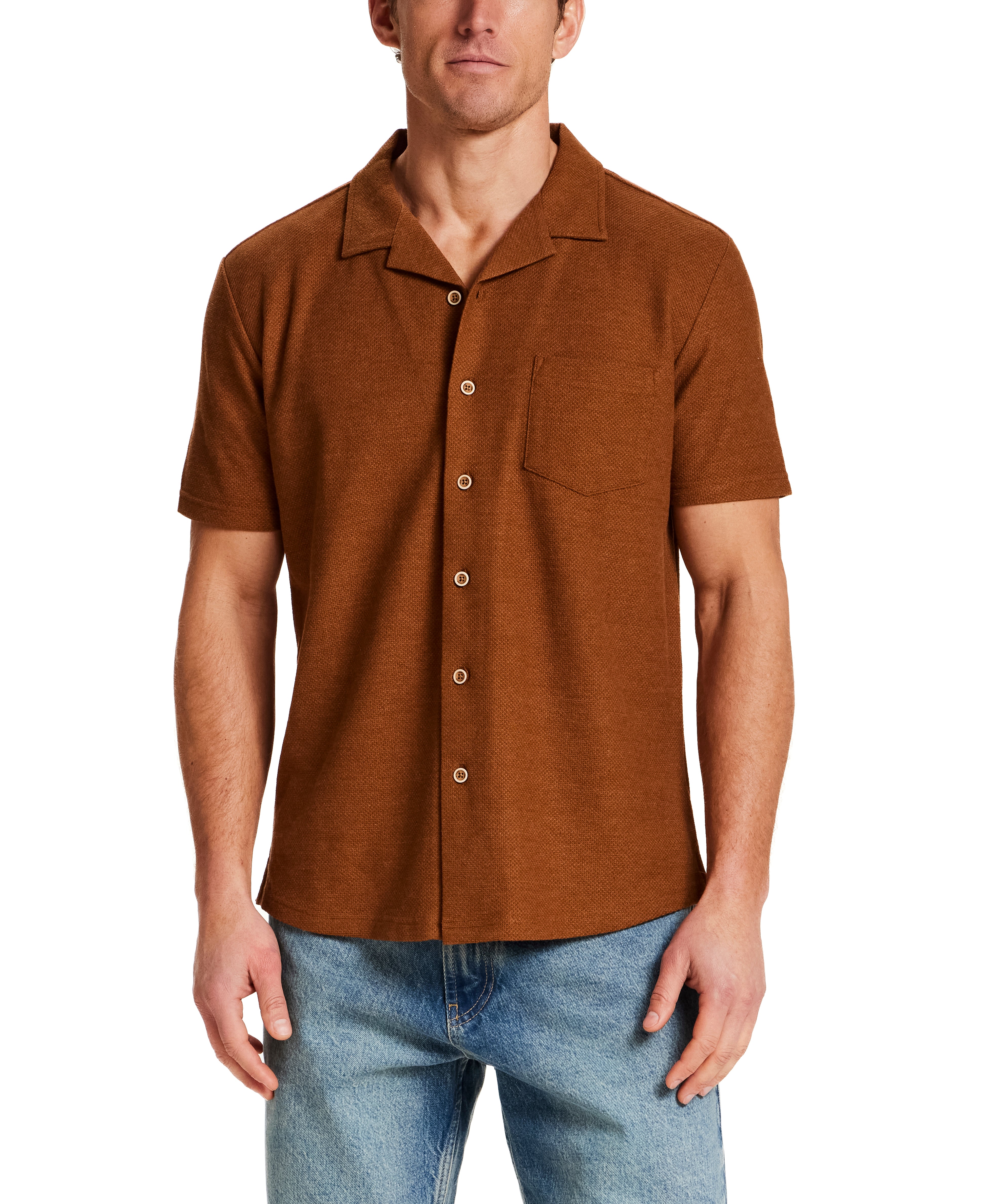 Pique Knit Camp Collar Shirt in Retro Brown