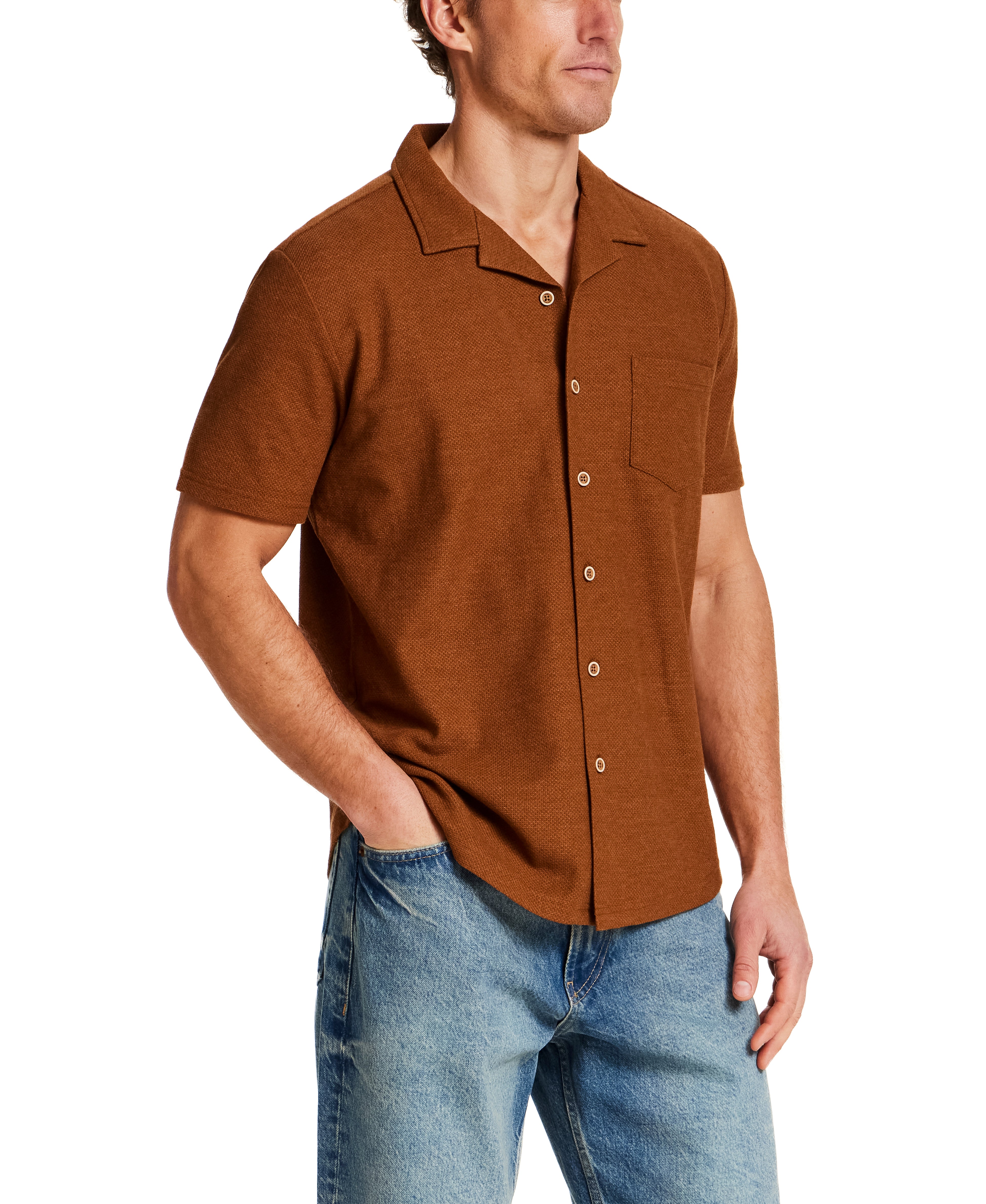 Pique Knit Camp Collar Shirt in Retro Brown