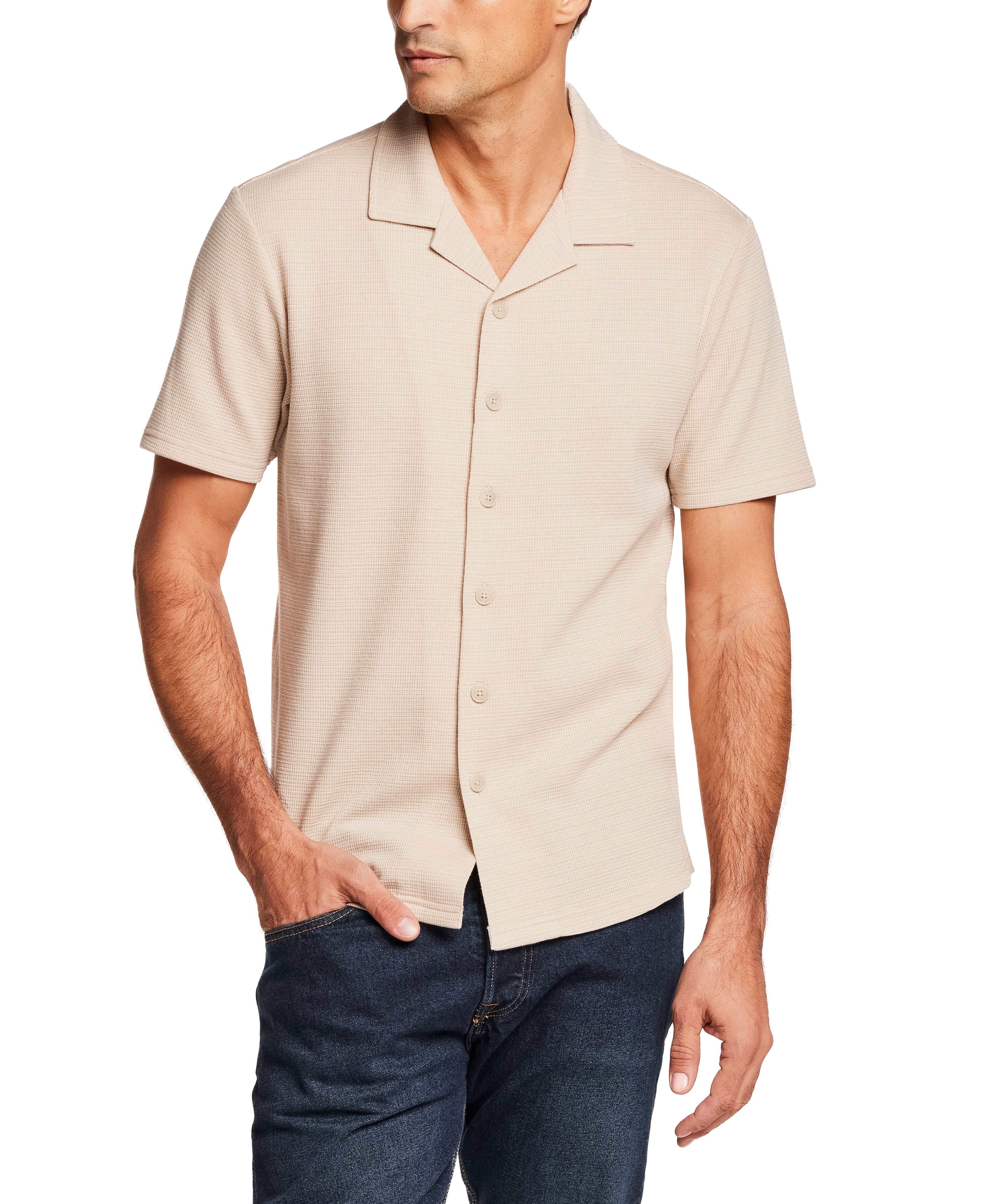 Microstripe Camp Shirt in Bleached Sand