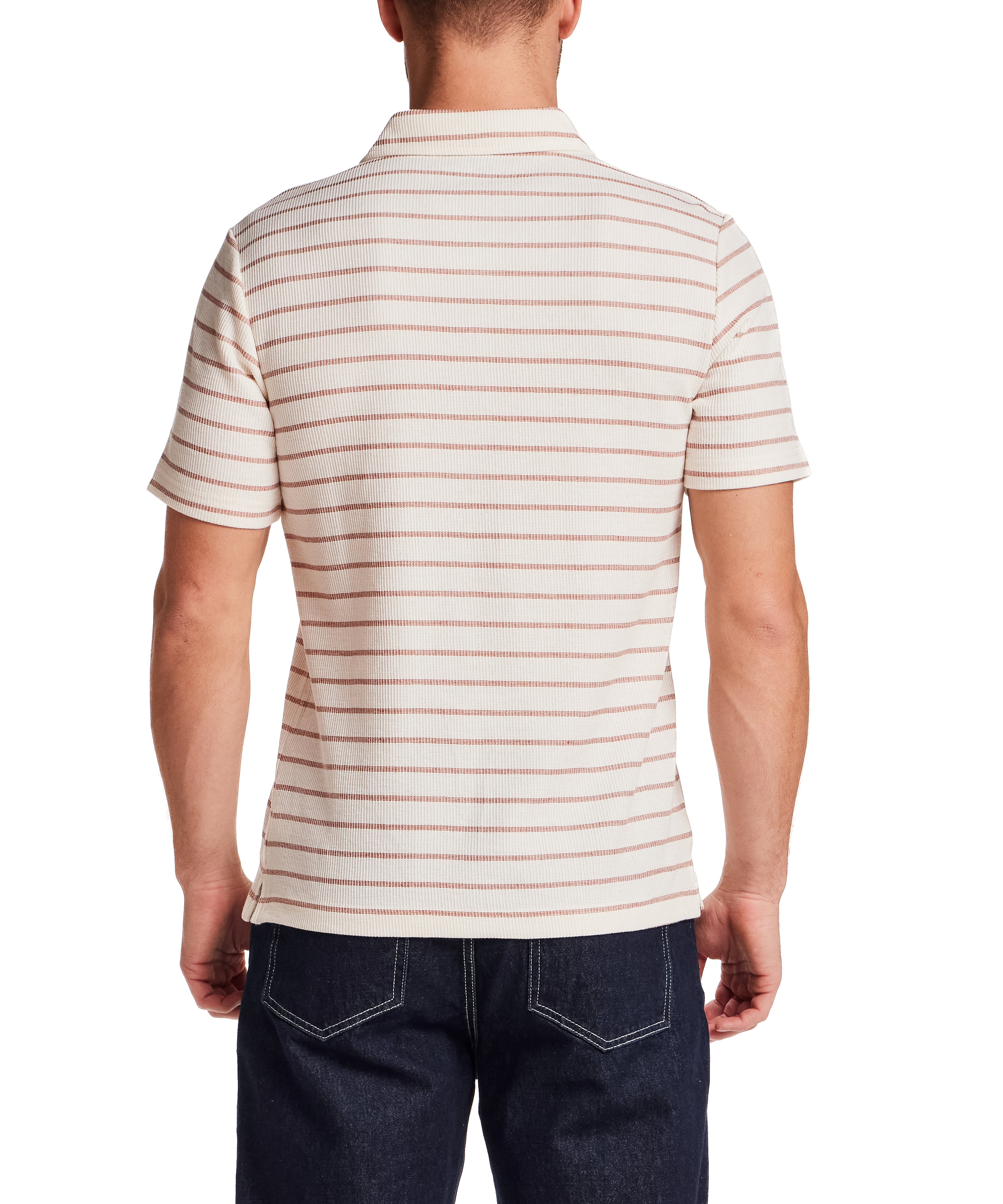 Back view of a man wearing a Retro Terry Striped Polo in Crimson, showcasing its relaxed fit and classic striped design.