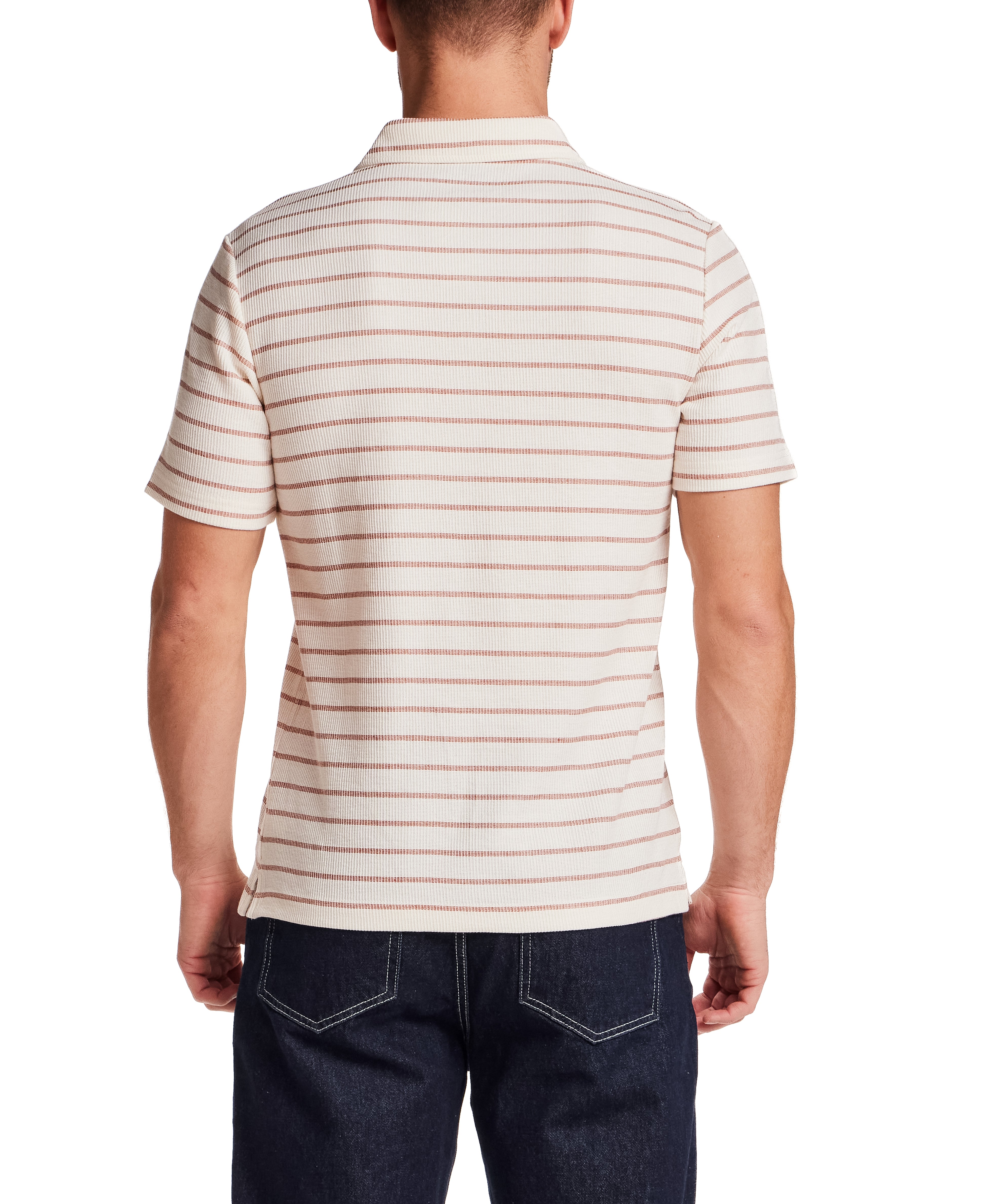 Back view of a man wearing a Retro Terry Striped Polo in Crimson, showcasing its relaxed fit and classic striped design.