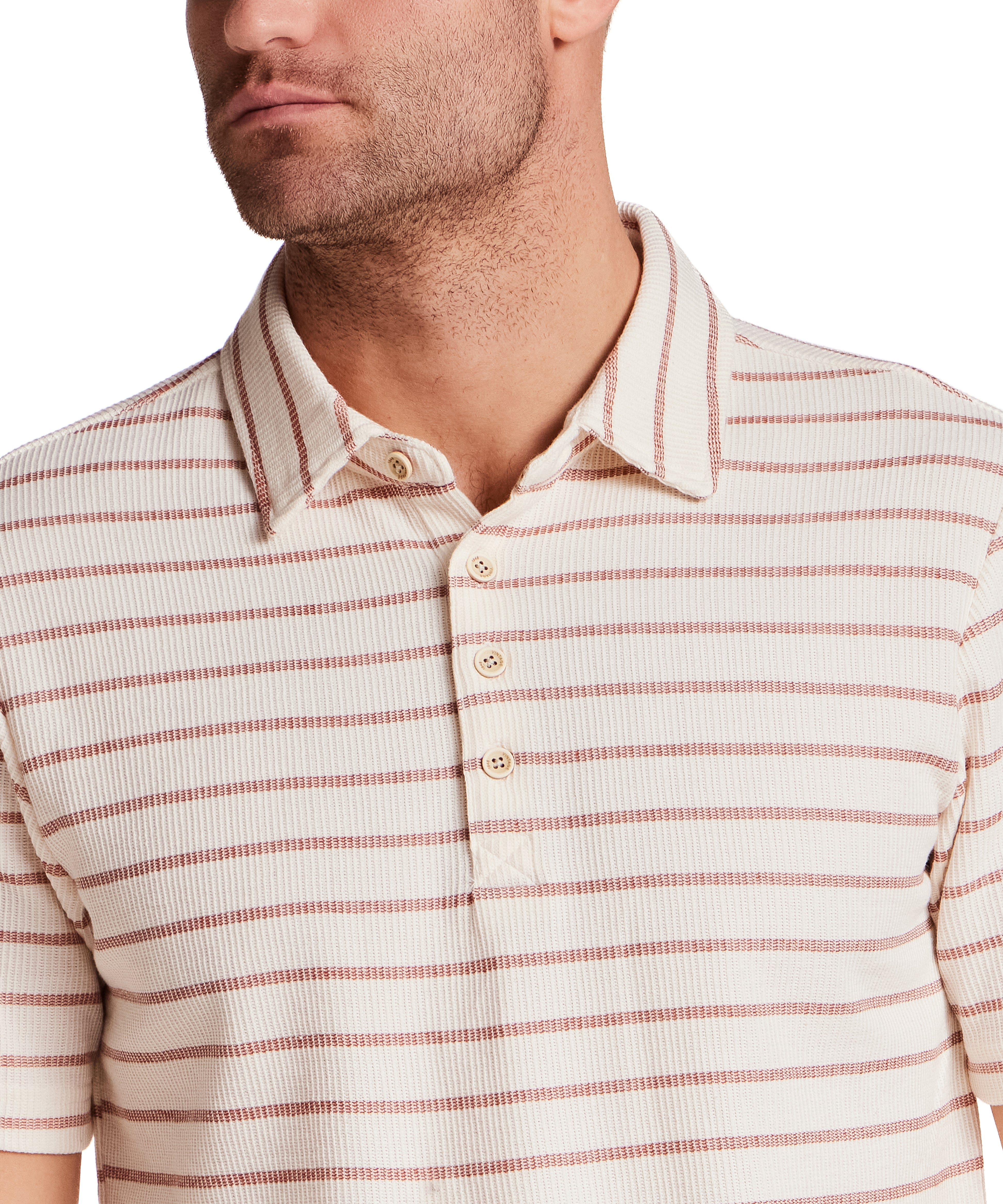 Close-up of a man wearing a Retro Terry Striped Polo in Crimson, featuring classic stripe design and relaxed fit.