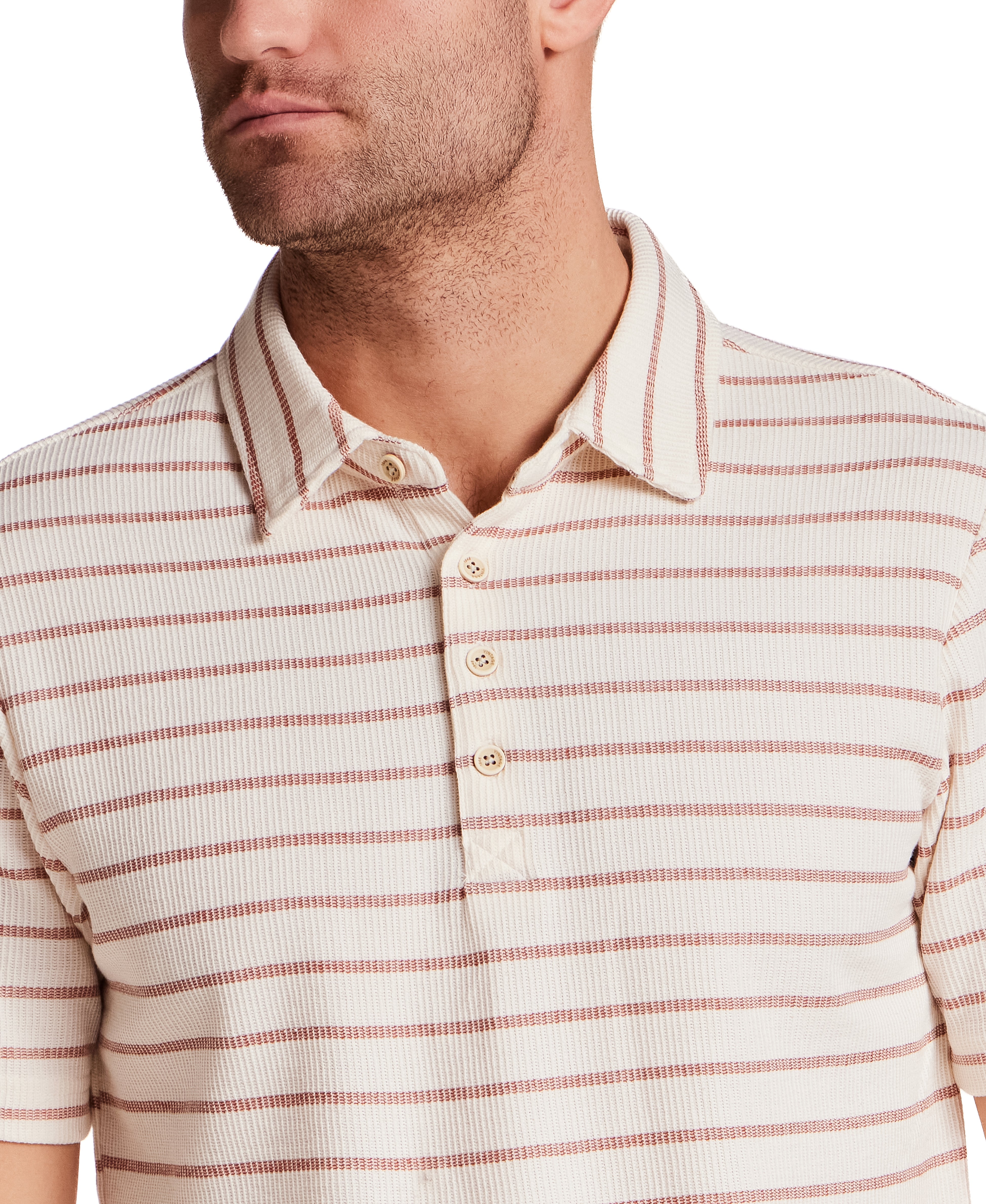 Close-up of a man wearing a Retro Terry Striped Polo in Crimson, featuring classic stripe design and relaxed fit.
