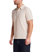 Retro Terry Striped Polo in Crimson modeled by a man, showcasing relaxed fit and classic stripe design.