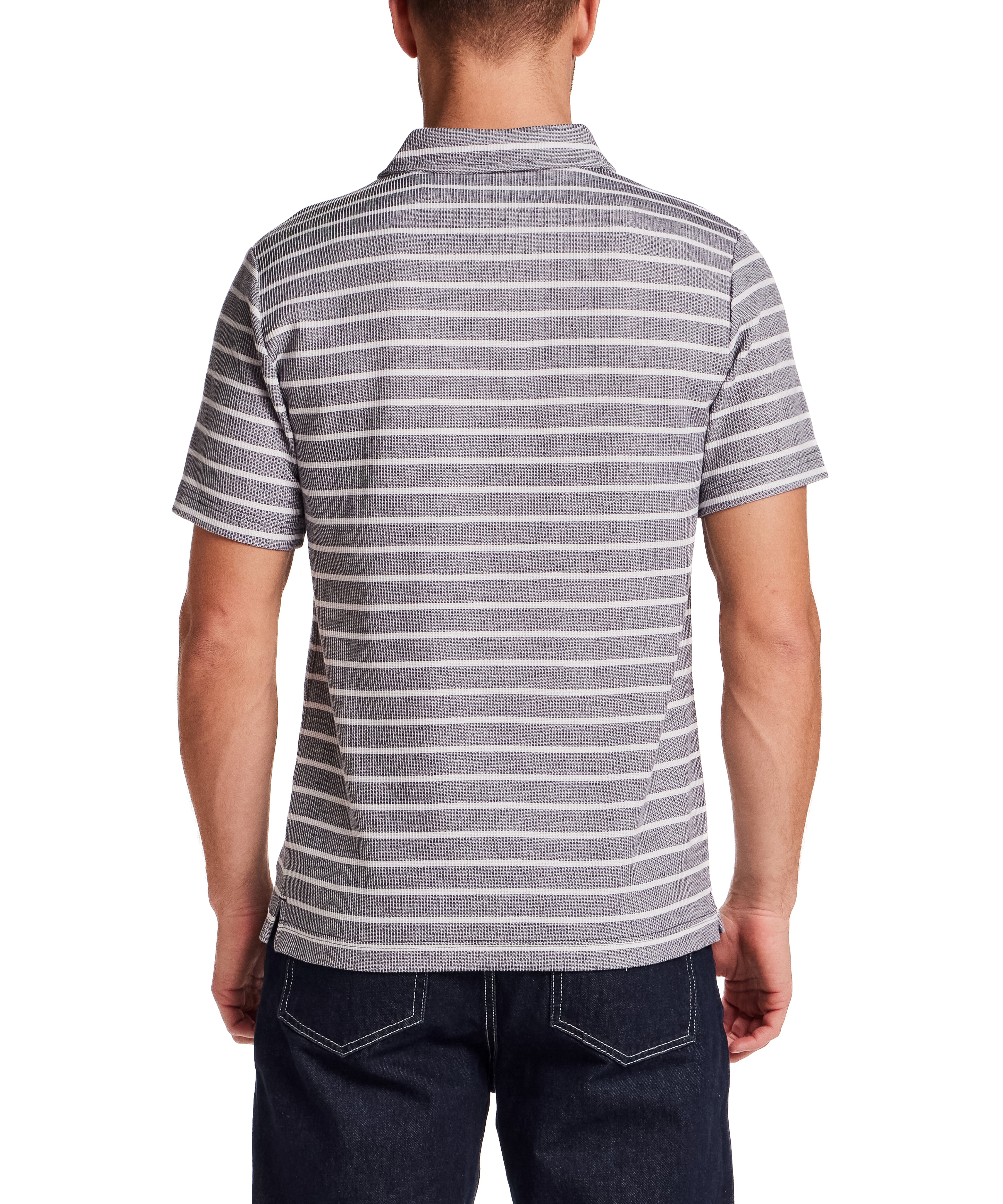 Back view of Retro Terry Striped Polo in Maritime Blue showcasing stripe details and relaxed fit.