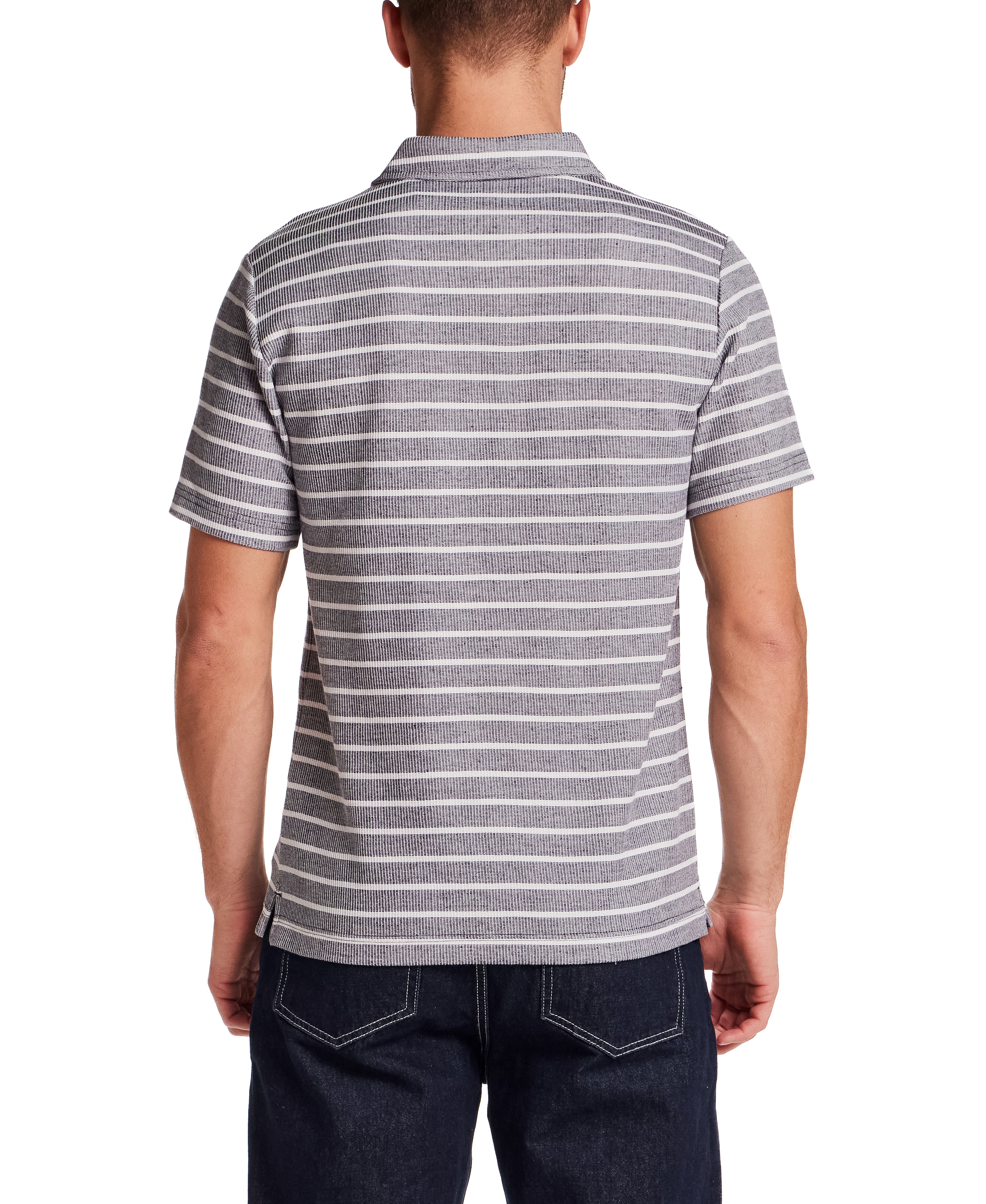 Back view of Retro Terry Striped Polo in Maritime Blue showcasing stripe details and relaxed fit.