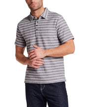 Retro Terry Striped Polo in Maritime Blue with classic stripes, perfect for warm-weather wear, showcasing relaxed coastal style.