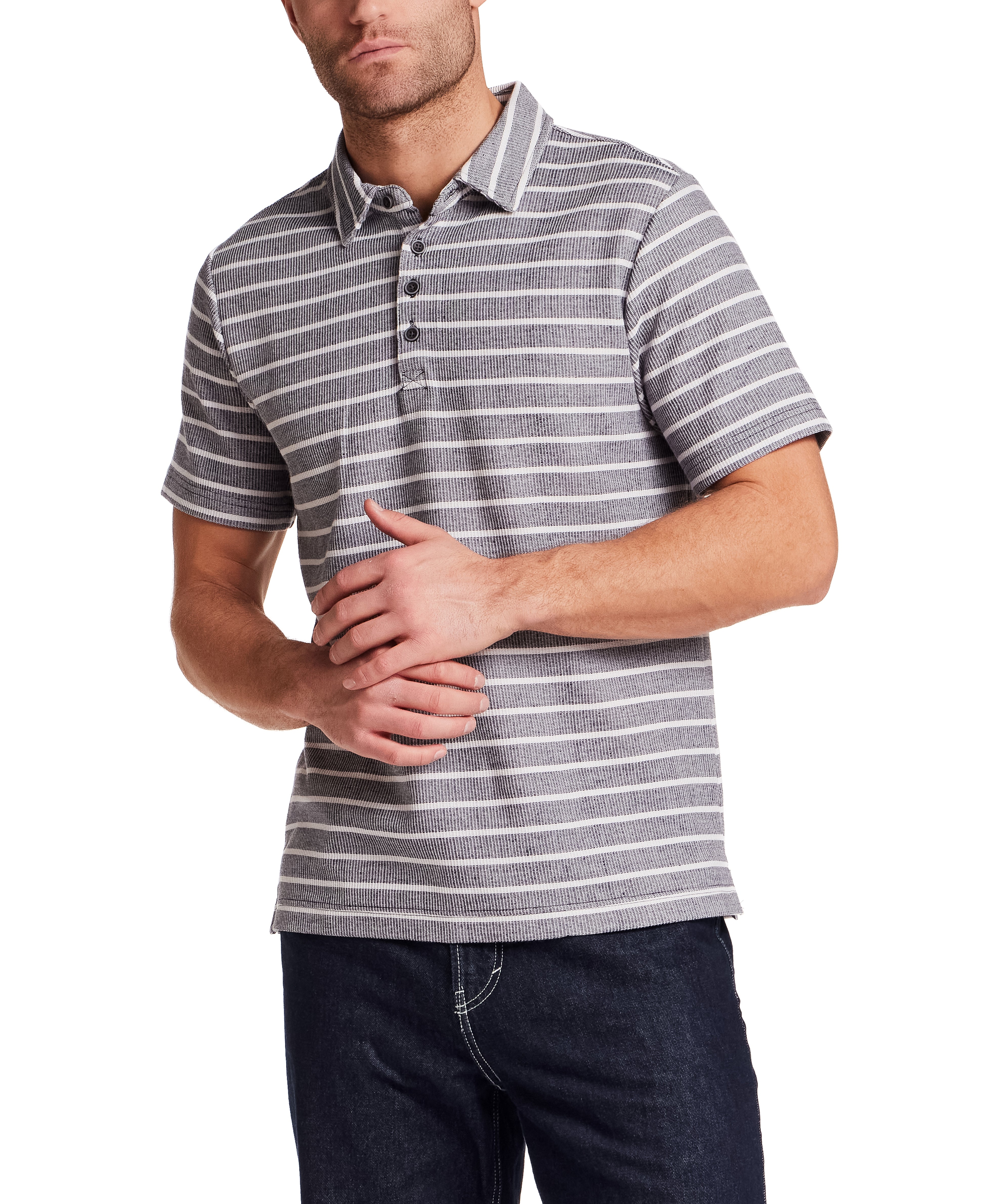 Retro Terry Striped Polo in Maritime Blue with classic stripes, perfect for warm-weather wear, showcasing relaxed coastal style.