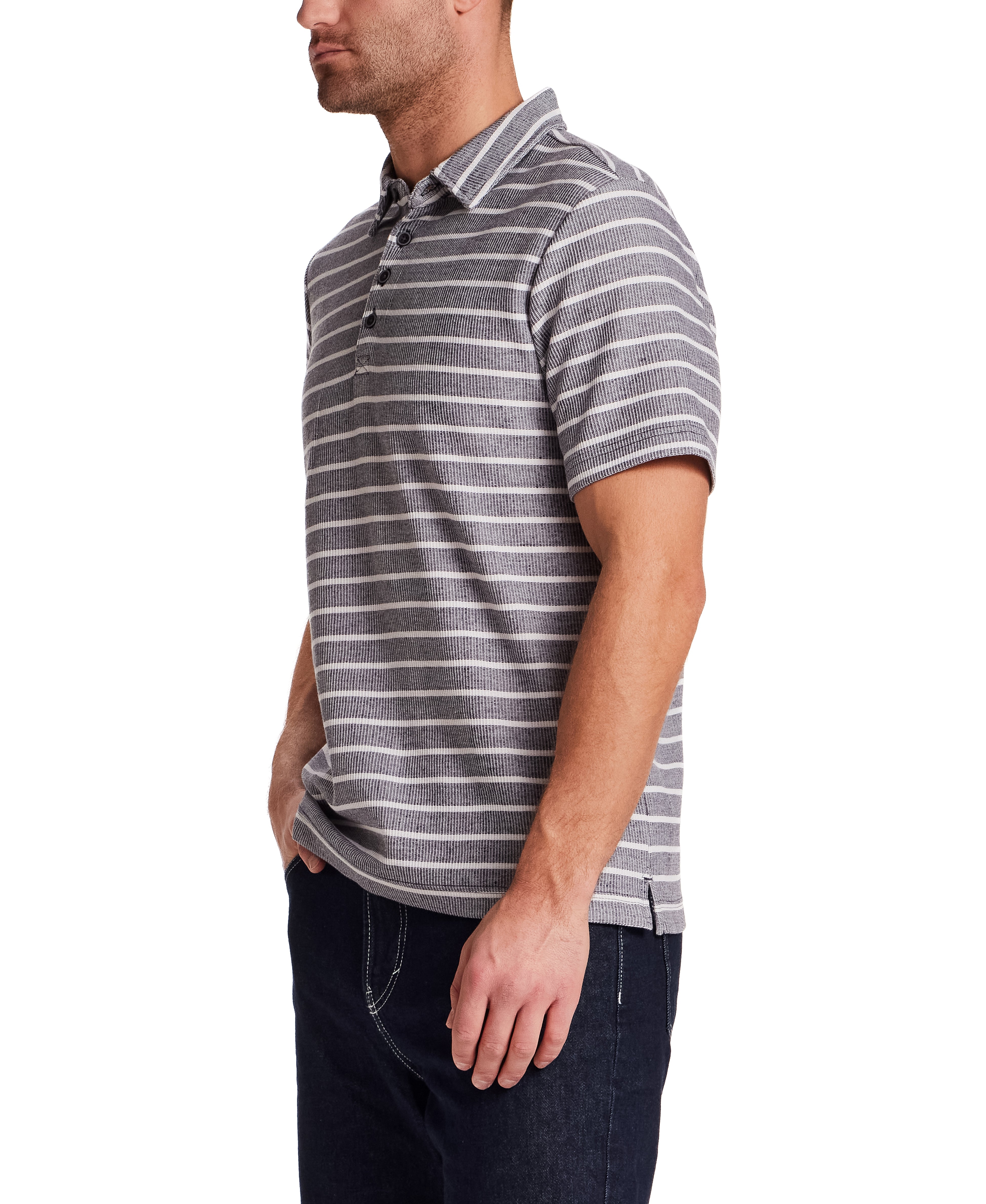 Retro Terry Striped Polo in Maritime Blue side view, showcasing casual style with soft terry knit and classic stripe detailing.