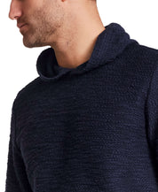 Slub Knit Pullover Hoodie in Maritime Blue showcased with a close-up view of the textured slub knit fabric and hood.