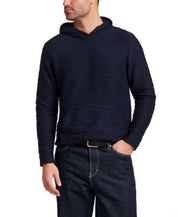 Model wearing Slub Knit Pullover Hoodie in Maritime Blue, showcasing its soft, breathable slub knit texture.