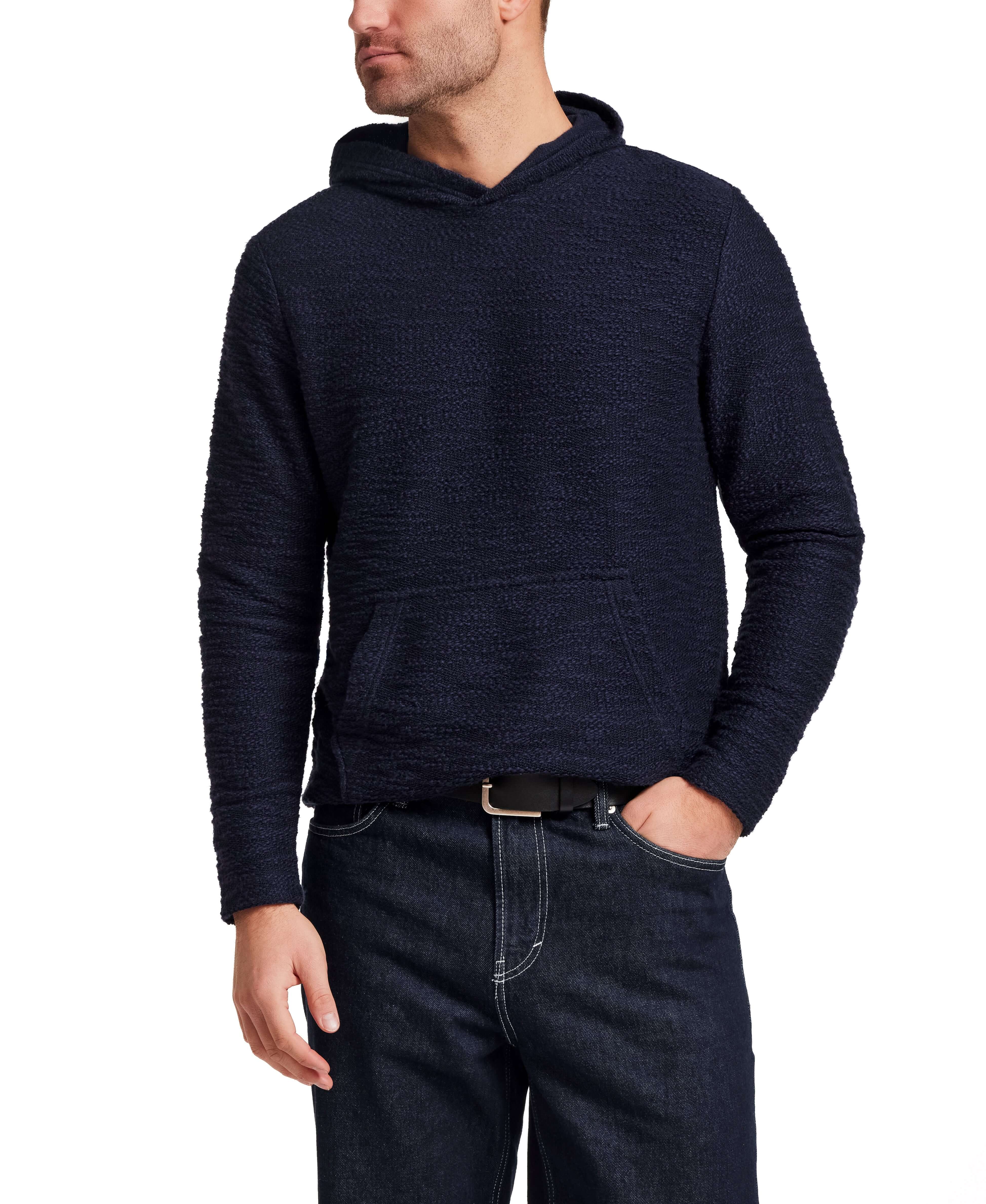 Model wearing Slub Knit Pullover Hoodie in Maritime Blue, showcasing its soft, breathable slub knit texture.