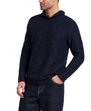 Slub Knit Pullover Hoodie in Maritime Blue worn by a model, featuring a textured slub knit fabric with a hood.