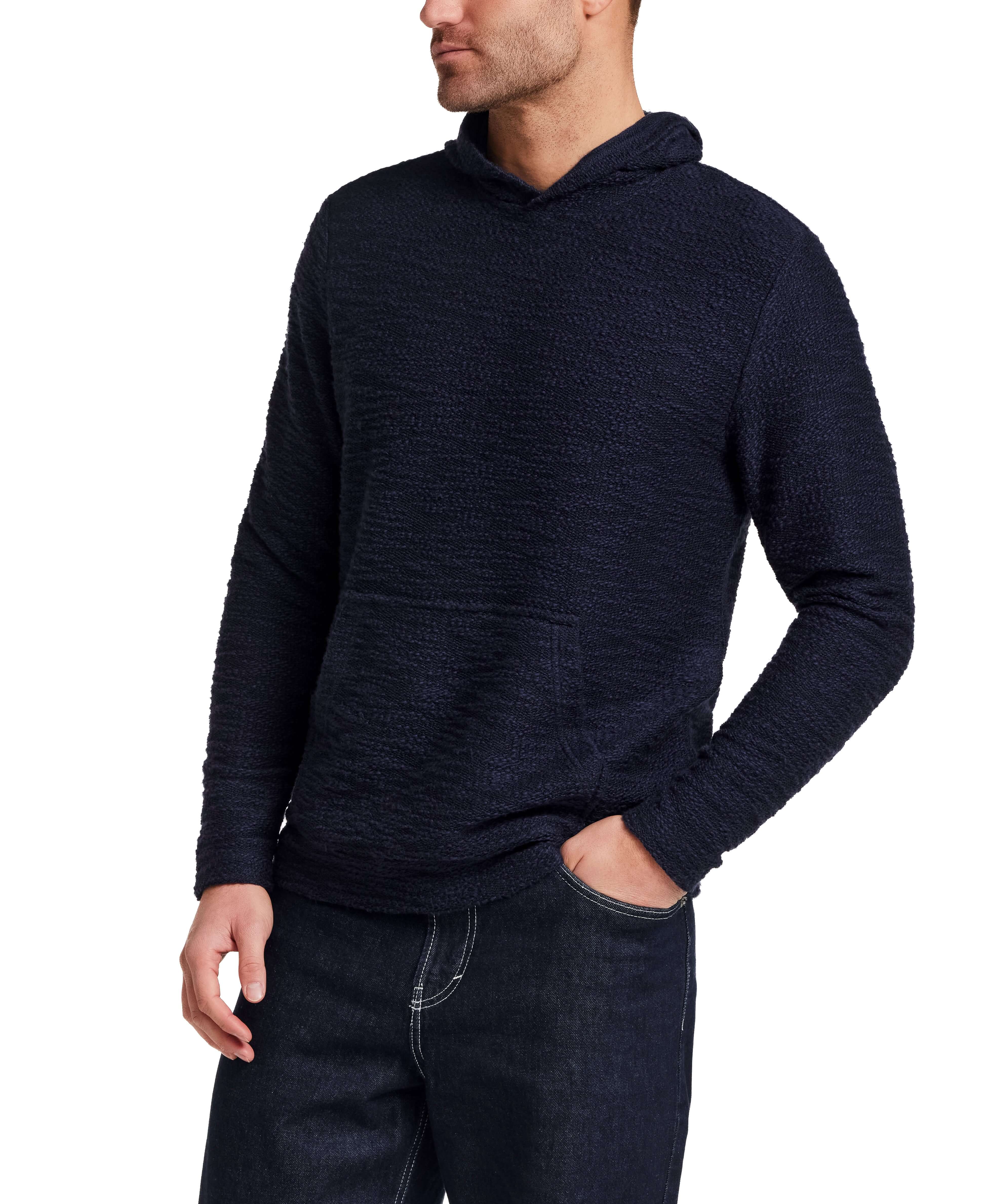 Slub Knit Pullover Hoodie in Maritime Blue worn by a model, featuring a textured slub knit fabric with a hood.