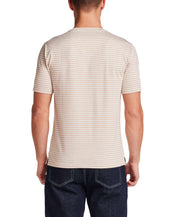Back view of Striped Stretch Crewneck T-Shirt in Tan showcasing stripe pattern and short sleeves.