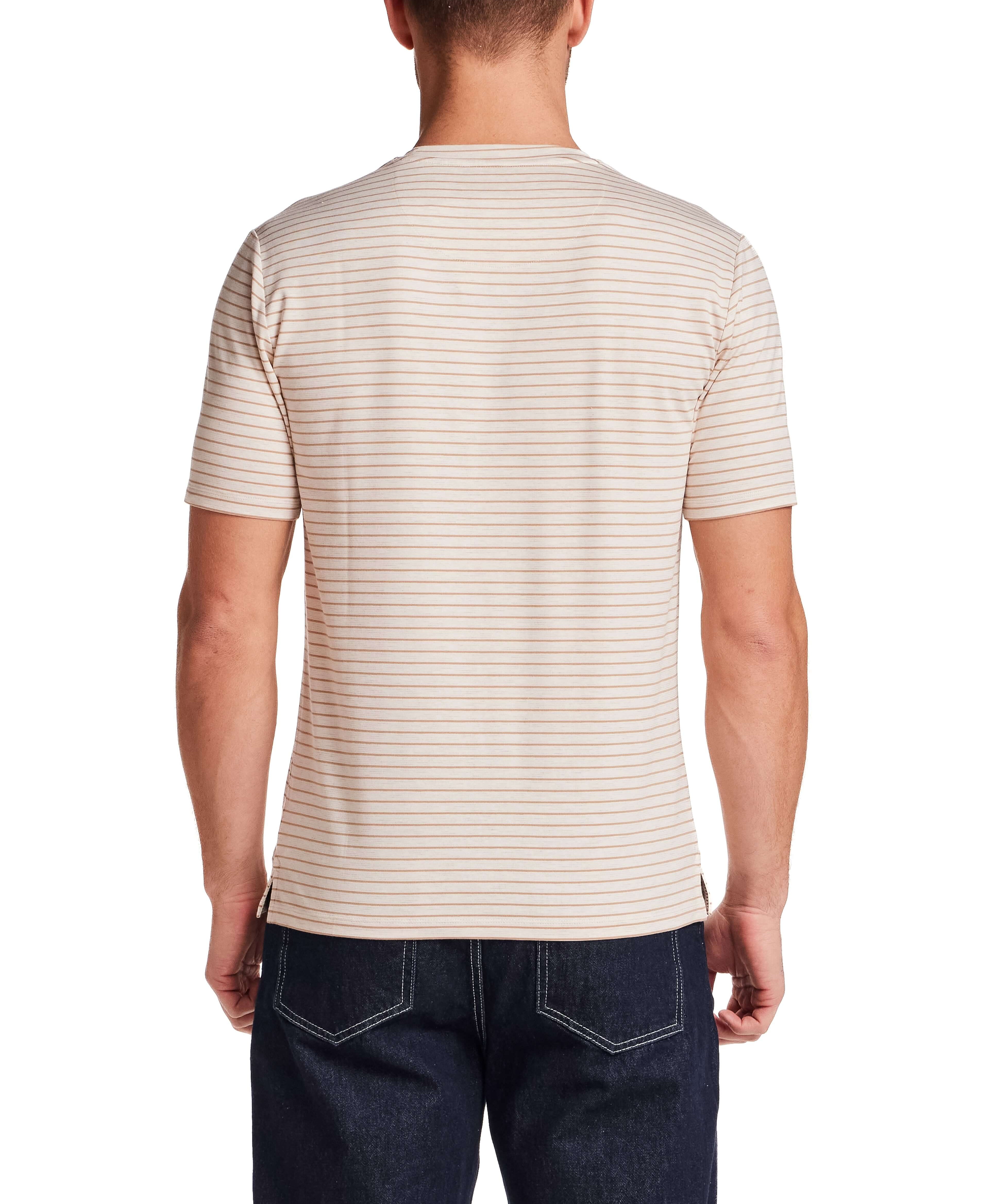 Back view of Striped Stretch Crewneck T-Shirt in Tan showcasing stripe pattern and short sleeves.