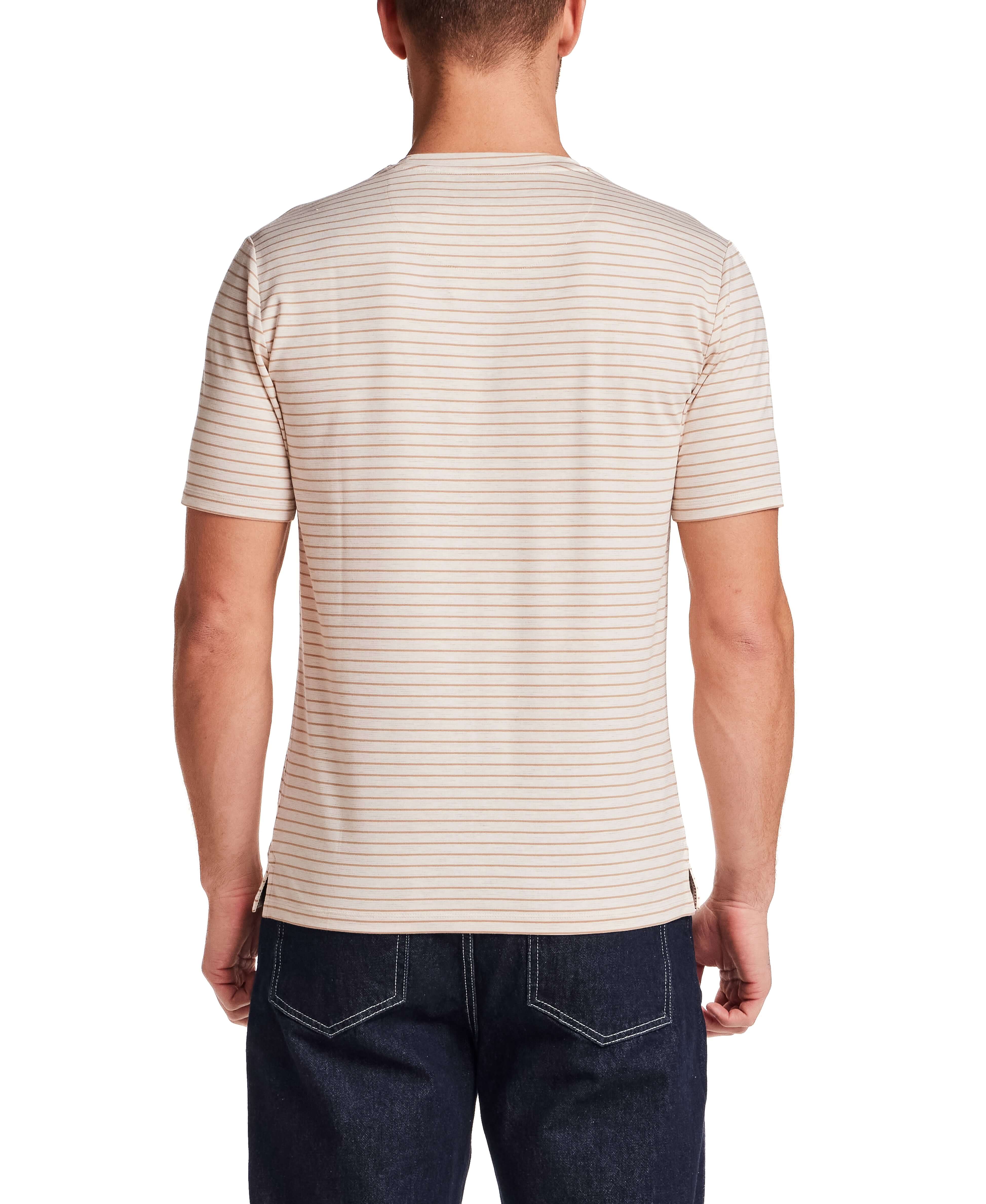 Back view of Striped Stretch Crewneck T-Shirt in Tan showcasing stripe pattern and short sleeves.