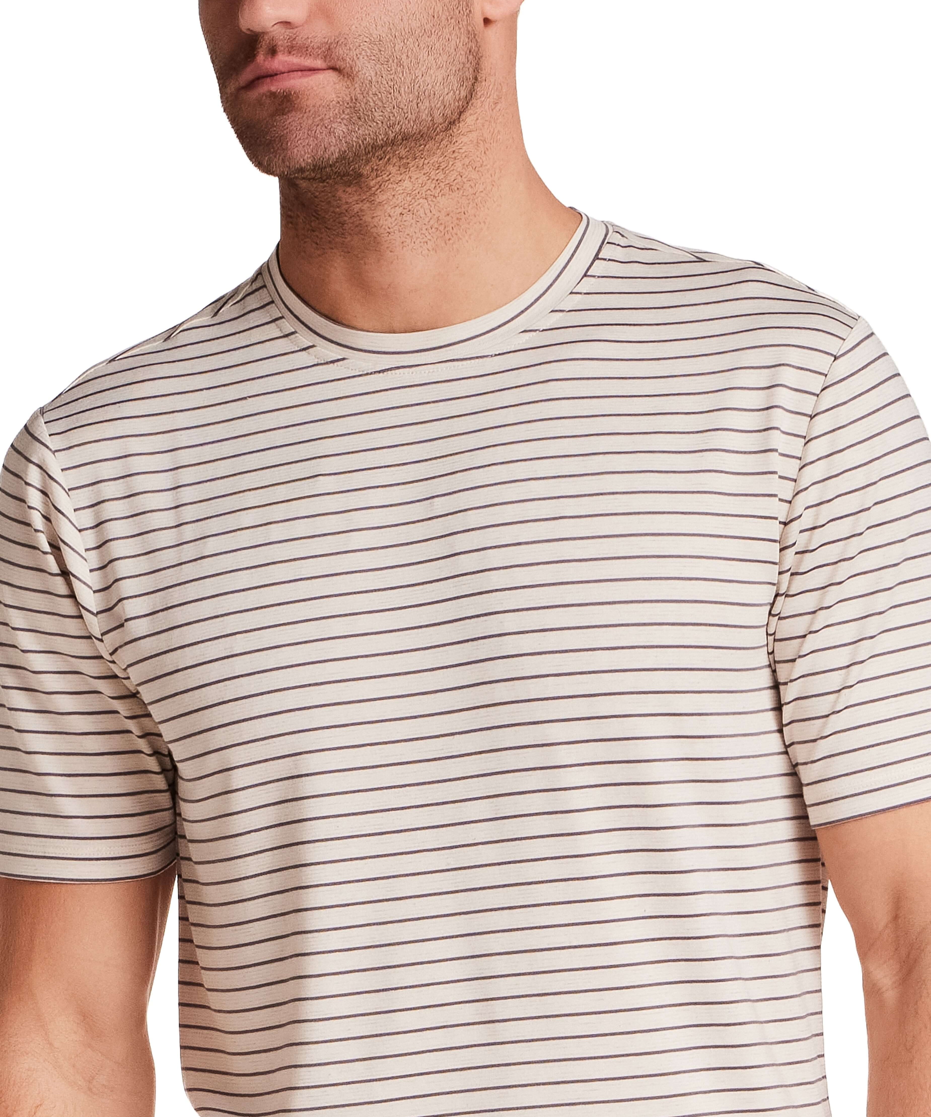 Striped Stretch Crewneck T-Shirt in Stone Grey featuring a lightweight design and striped pattern, modeled by a man.