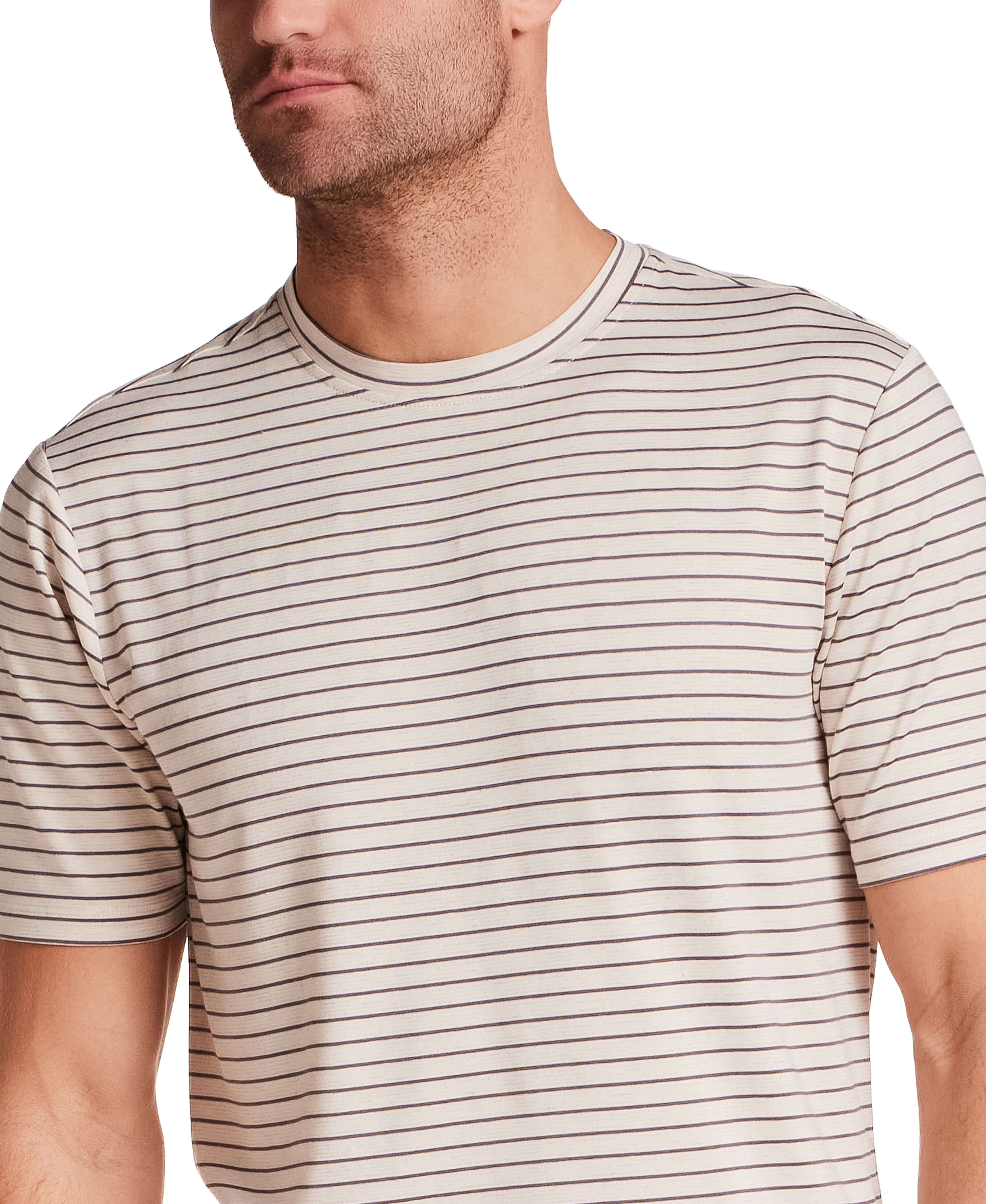 Striped Stretch Crewneck T-Shirt in Stone Grey featuring a lightweight design and striped pattern, modeled by a man.