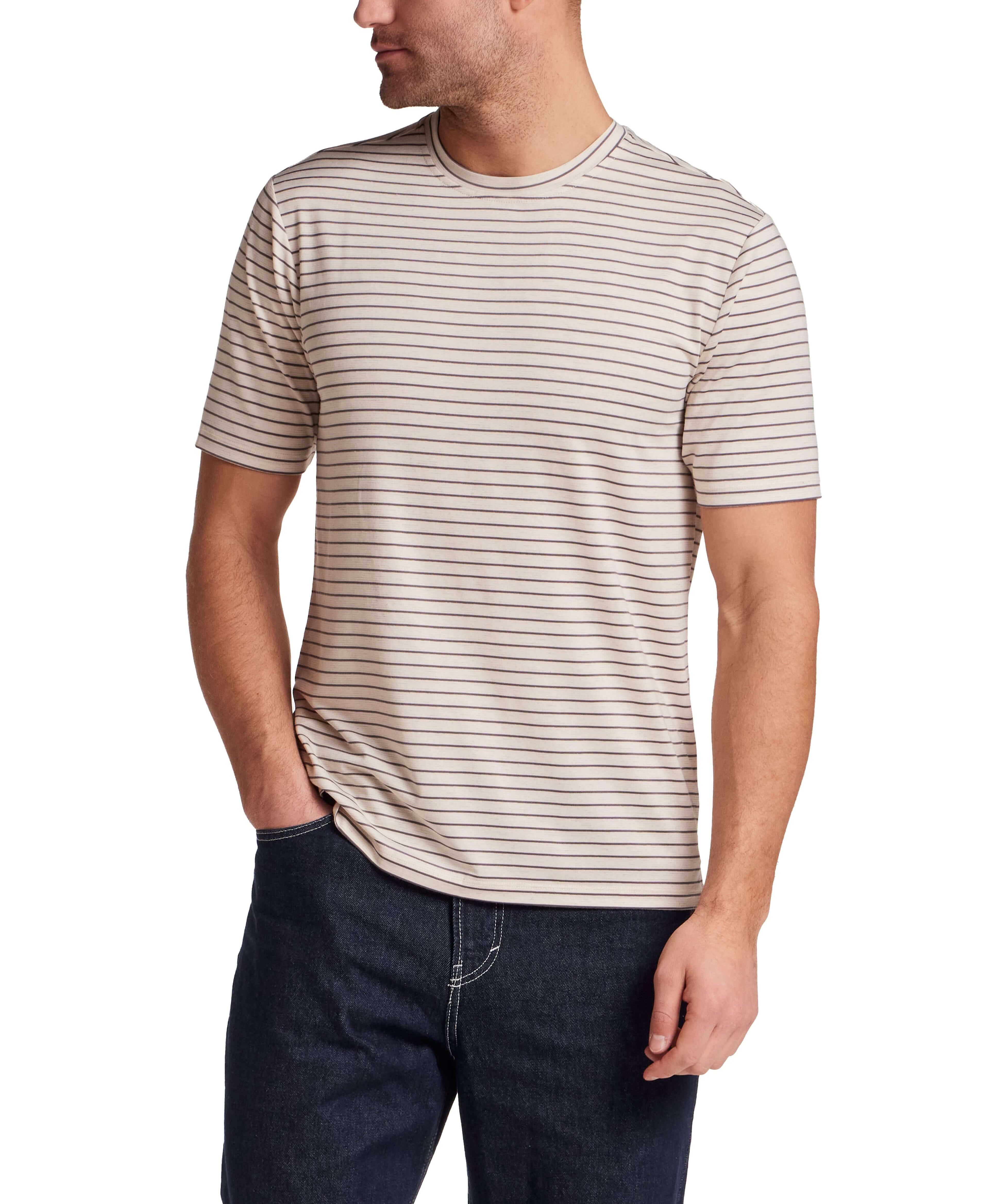 Striped Stretch Crewneck T-Shirt in Stone Grey, lightweight and breathable with short sleeves and regular fit.