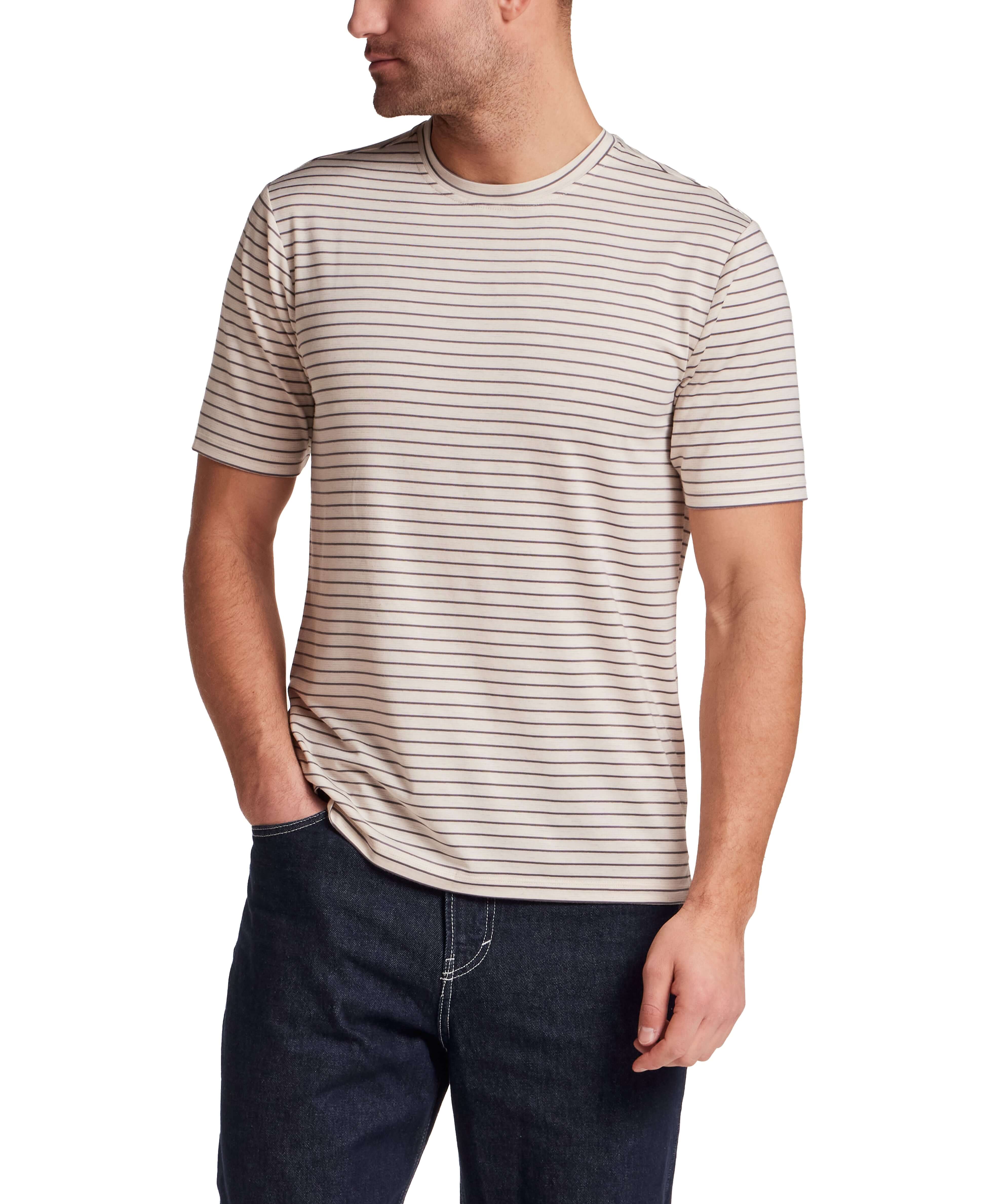 Striped Stretch Crewneck T-Shirt in Stone Grey, lightweight and breathable with short sleeves and regular fit.