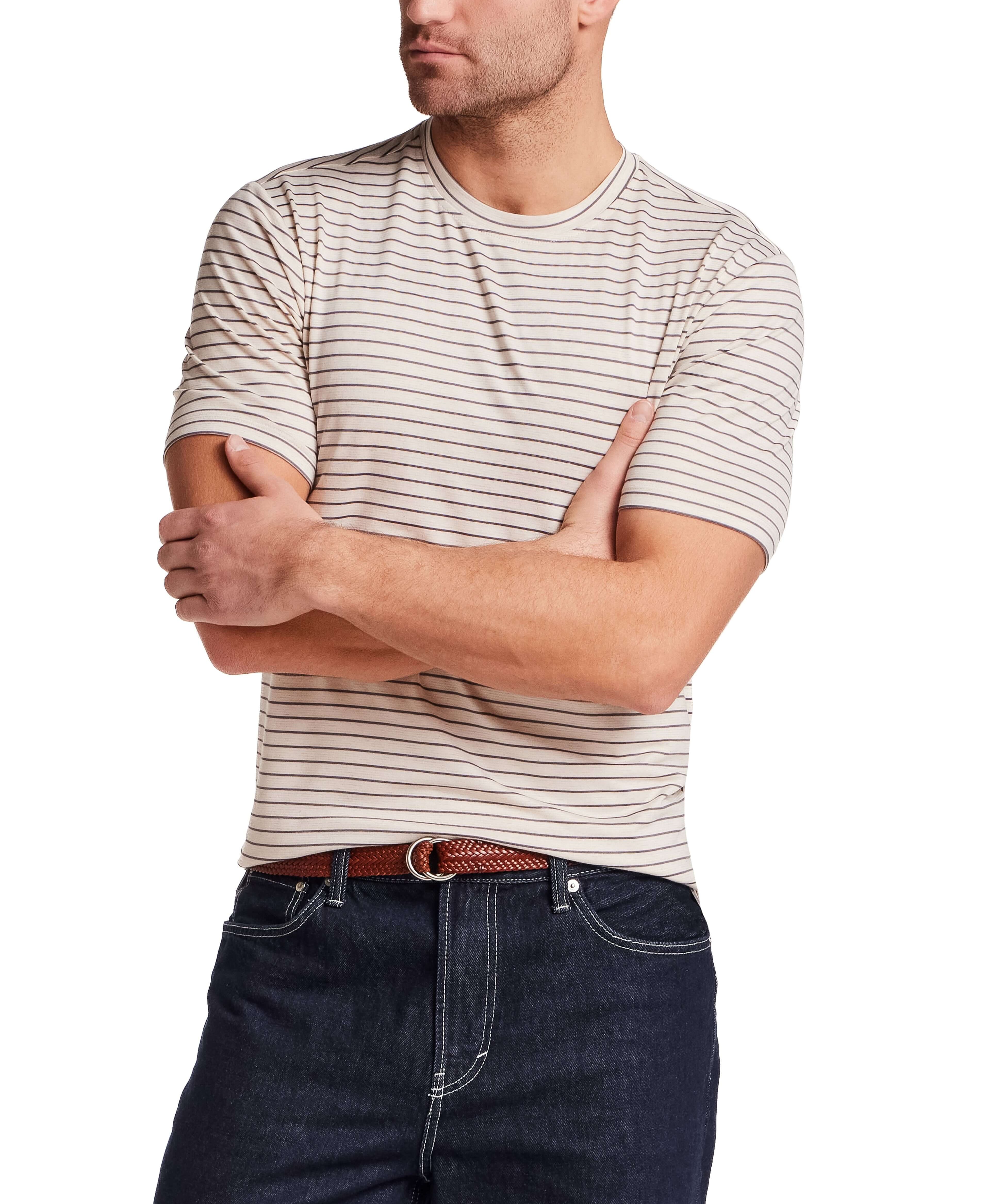 Striped Stretch Crewneck T-Shirt in Stone Grey worn by a model with arms crossed.