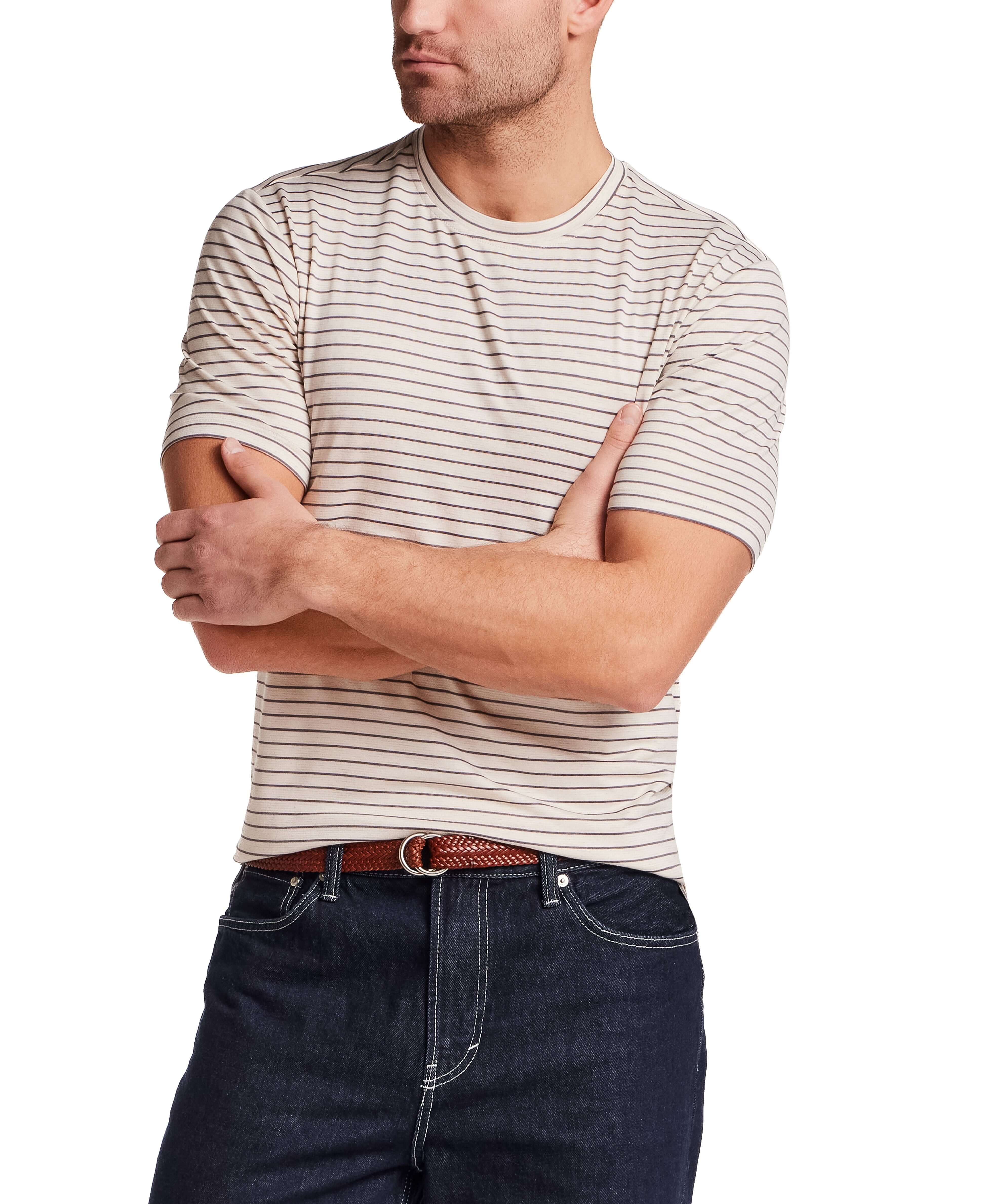 Striped Stretch Crewneck T-Shirt in Stone Grey worn by a model with arms crossed.