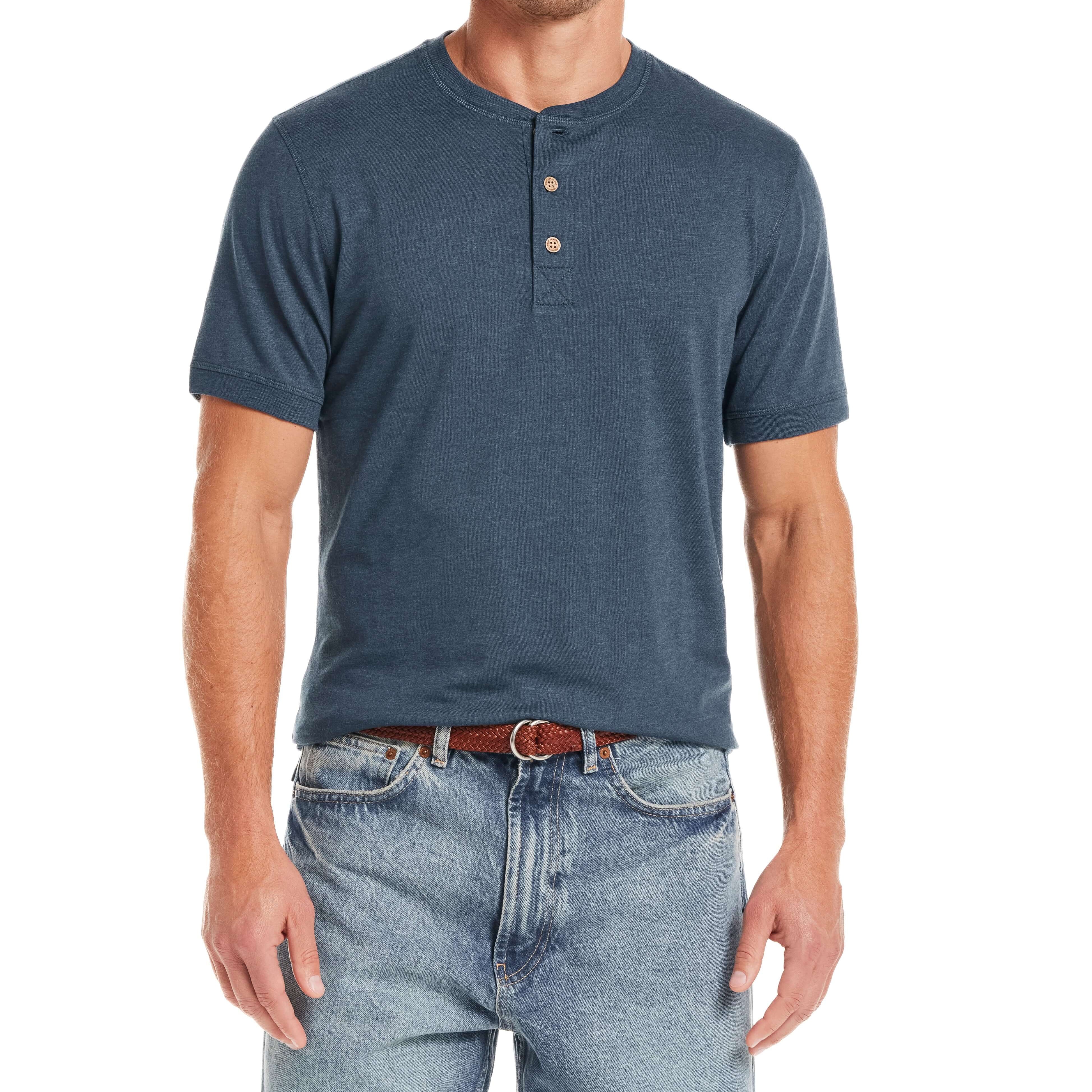 Short Sleeve Melange Henley in Deep Cobalt worn by model, showcasing 3 button placket and classic fit.