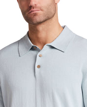 Cotton Cashmere Long Sleeve Polo in Aqua close-up, featuring a soft knit, classic collar, and button details.