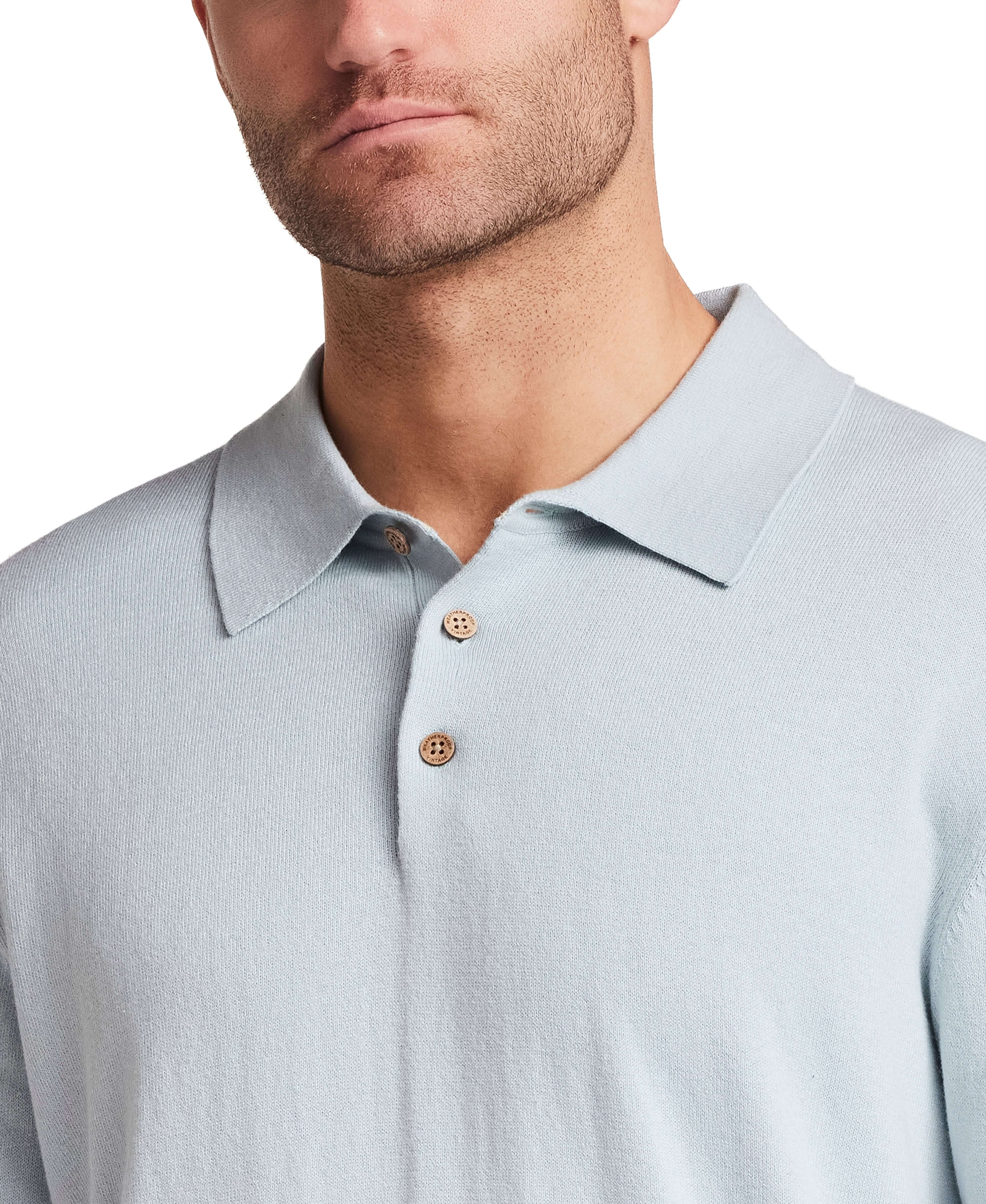 Cotton Cashmere Long Sleeve Polo in Aqua close-up, featuring a soft knit, classic collar, and button details.
