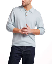 Cotton Cashmere Long Sleeve Polo in Aqua worn by a man, showcasing its soft knit and classic fit.
