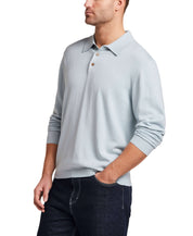 Cotton Cashmere Long Sleeve Polo in Aqua modeled by a man wearing a soft, lightweight knit polo sweater.