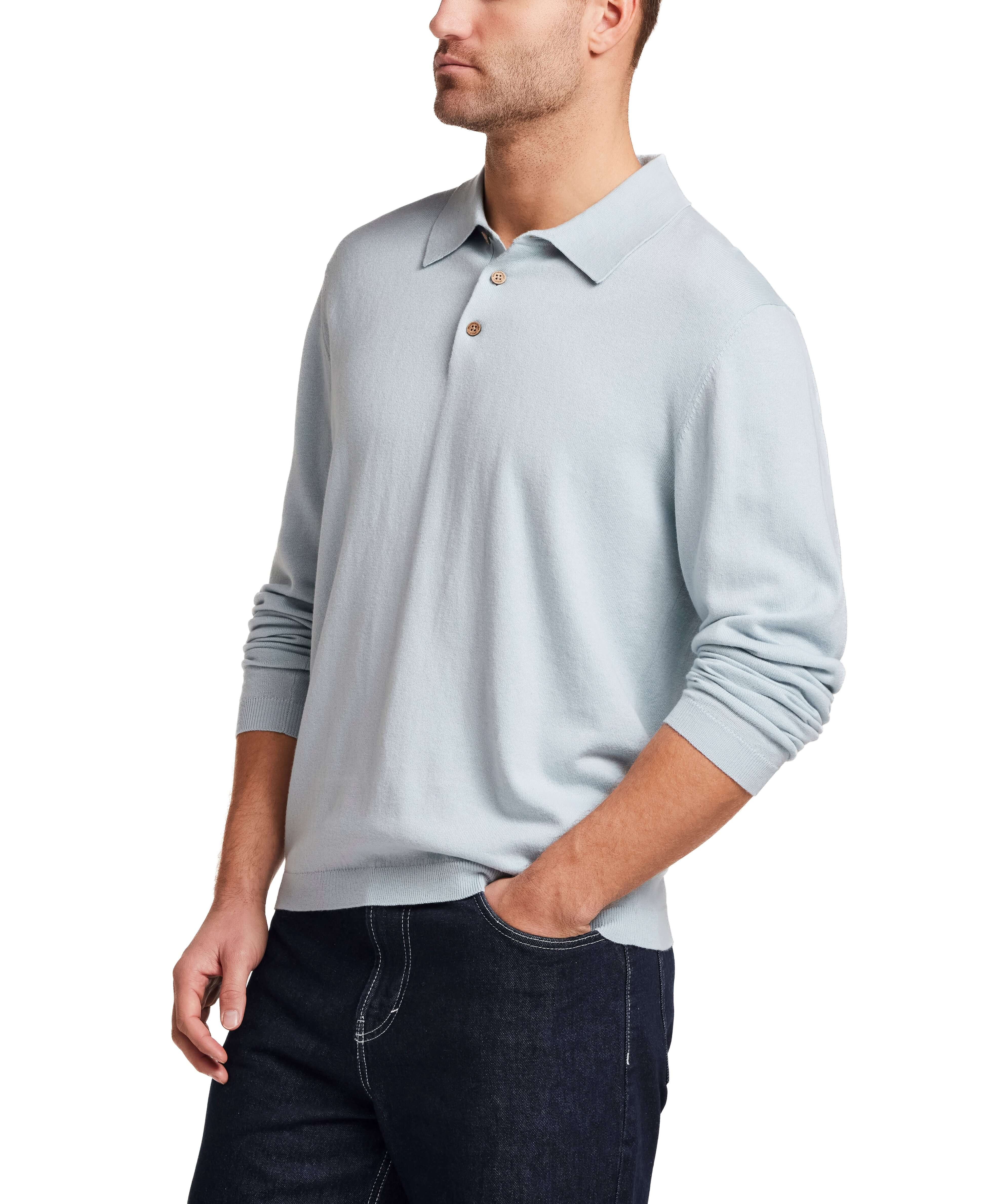 Cotton Cashmere Long Sleeve Polo in Aqua modeled by a man wearing a soft, lightweight knit polo sweater.