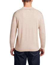 Cotton Cashmere Long Sleeve Polo in Oat displayed from the back, showcasing its classic fit and lightweight knit.