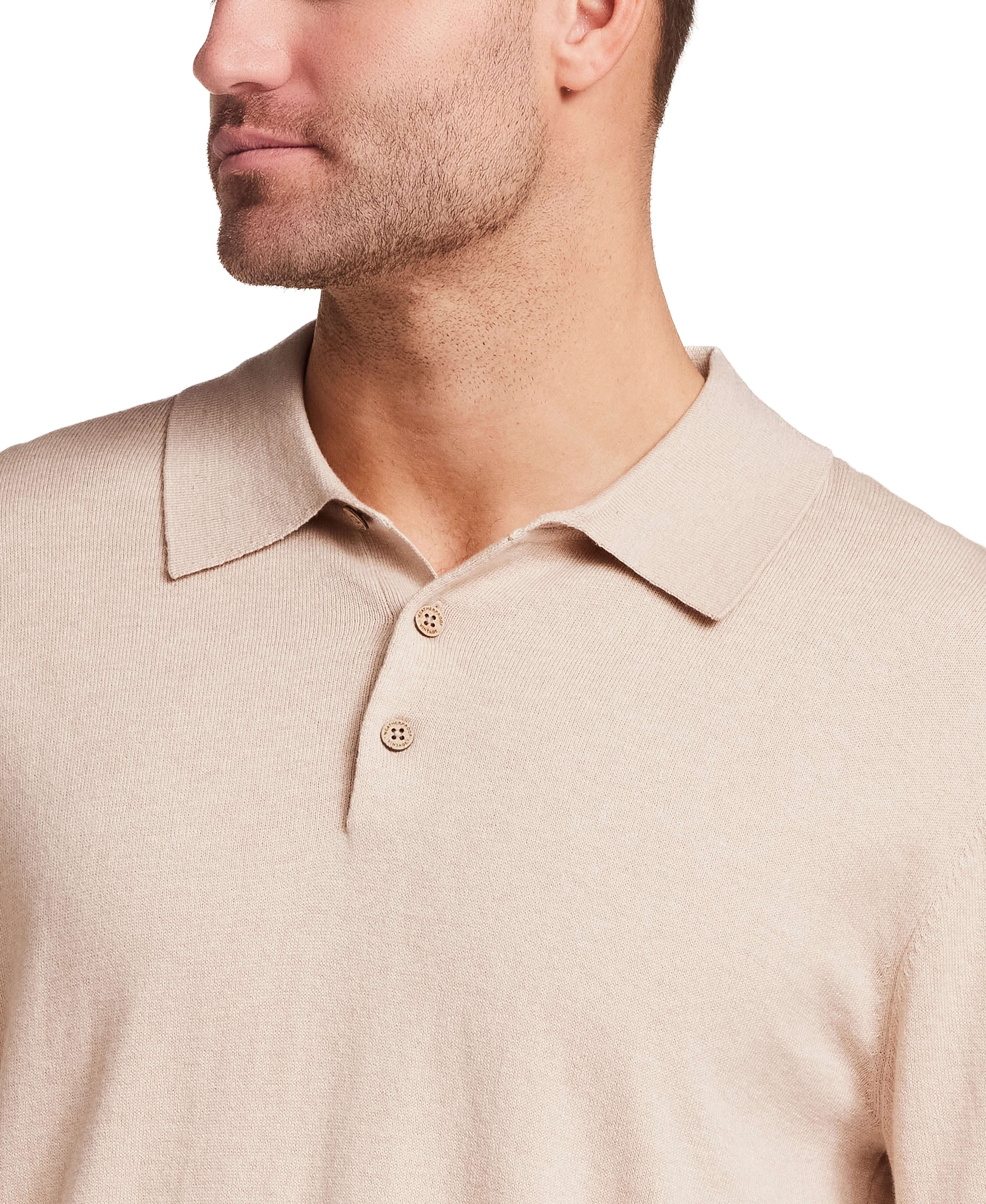 Cotton Cashmere Long Sleeve Polo in Oat featuring a classic polo collar and soft lightweight knit.