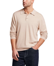 Cotton Cashmere Long Sleeve Polo in Oat, soft lightweight knit polo with a classic fit and long sleeves.